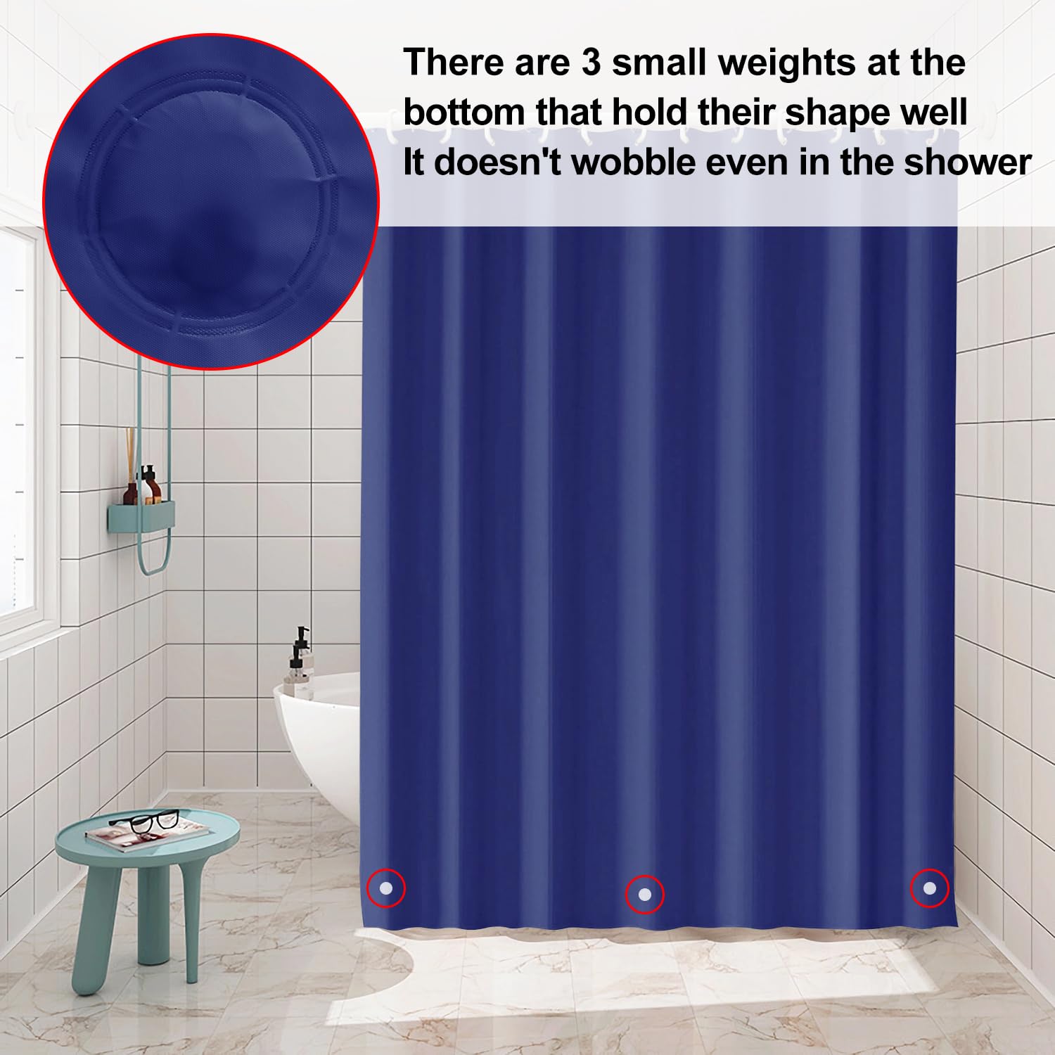 Rideau De Douche Anti-Moisissure 180x180cm Bleu - Tissu Polyester Lavable Avec Crochets