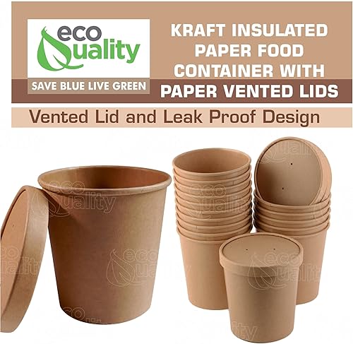 Miniatura 3 de EcoQuality [Paquete de 75] Contenedores desechables de papel kraft para sopa de 32 onzas con tapas ventiladas, recipientes de helado de cuarto de
