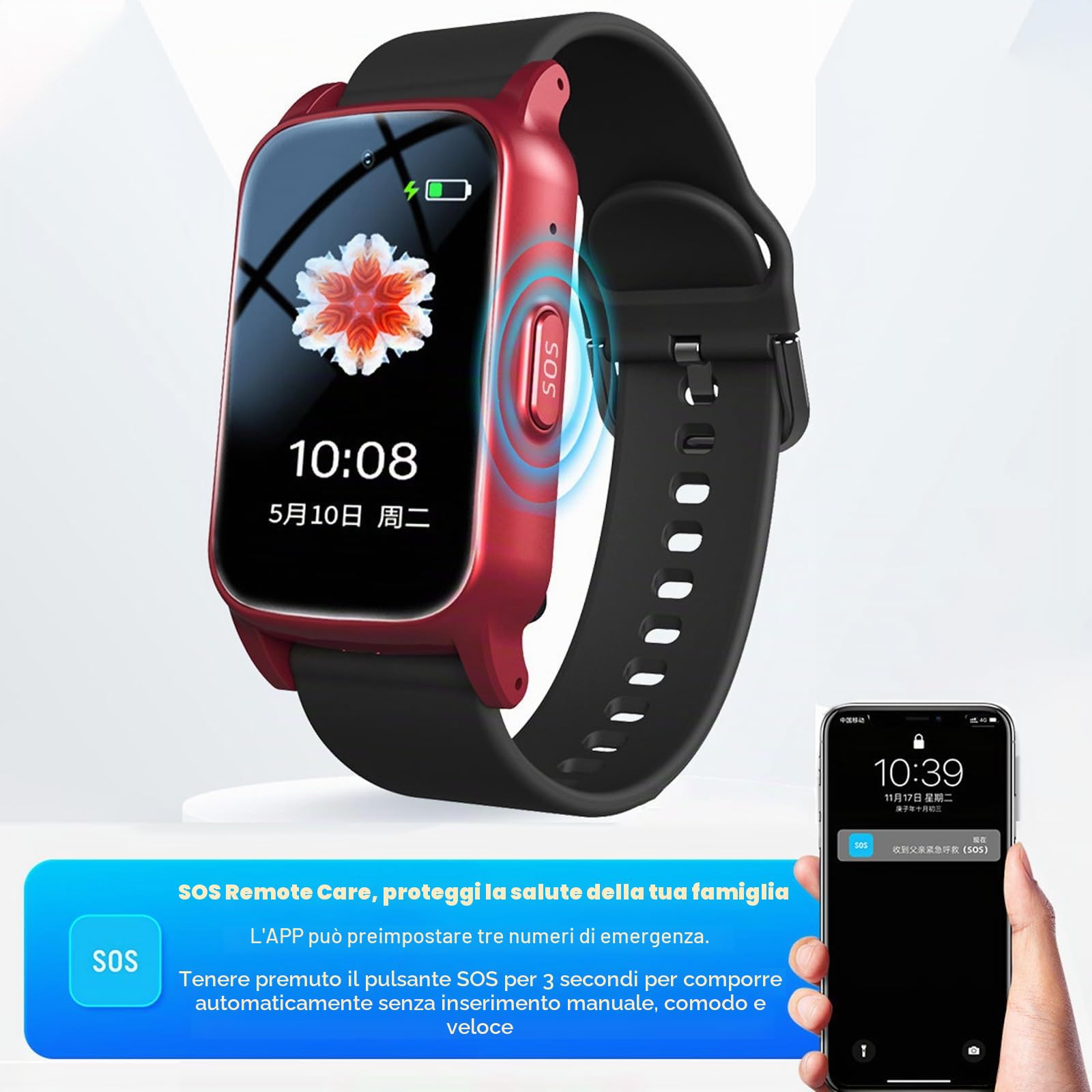 Bracciale SOS Anziani Salvavita, Pulsante SOS GPS Braccialetto Bracciale Assistenza agli Anziani, Tracker GPS Intelligente, Pulsante Emergenza per Anziani,Red