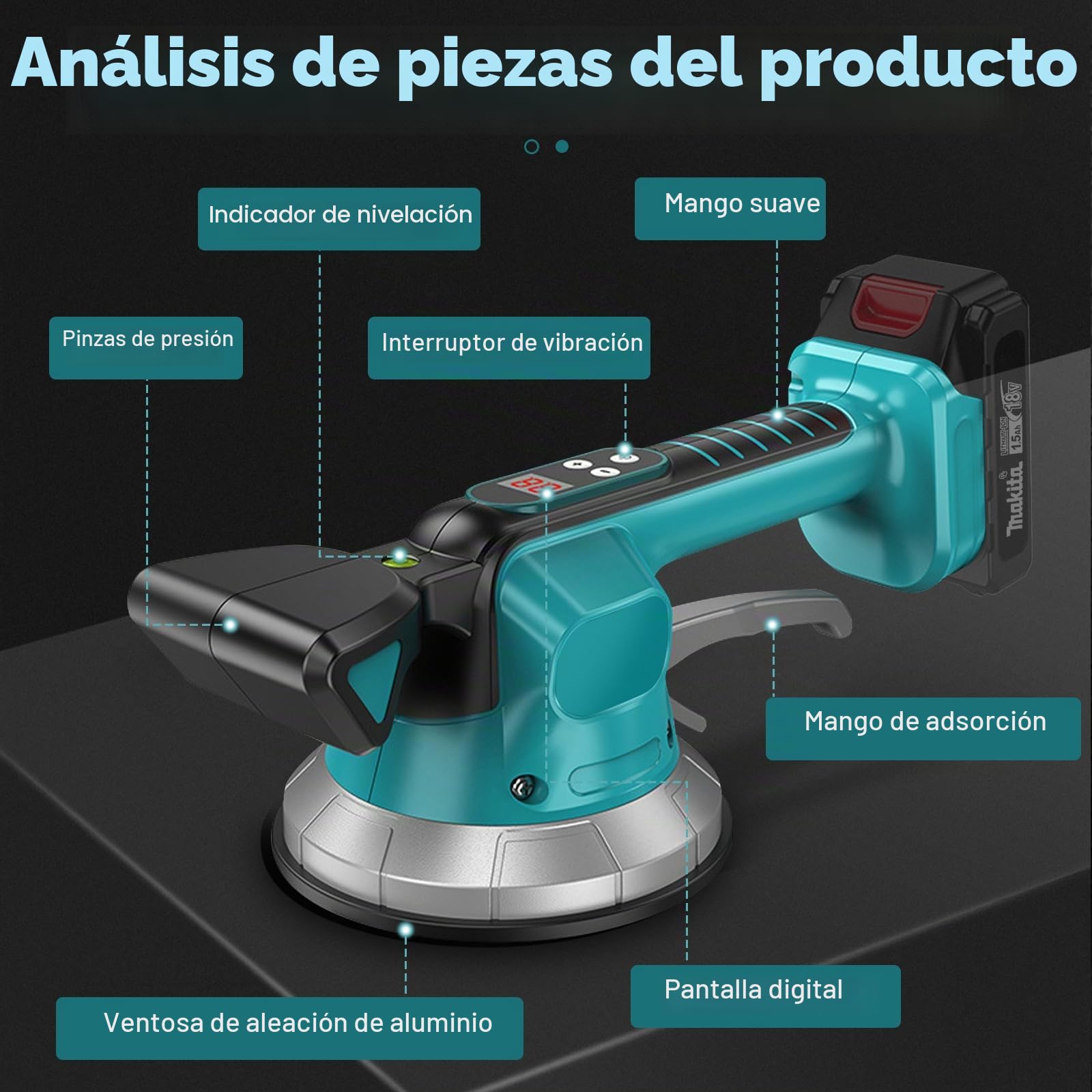 Vibrador de Azulejos Inalámbrico para Makita 18V (sin Batería) | Colocador de Azulejos, 10 Velocidades, Ventosa 14,5 cm, 200 kg de Succión, para Azulejos de 30-240 cm