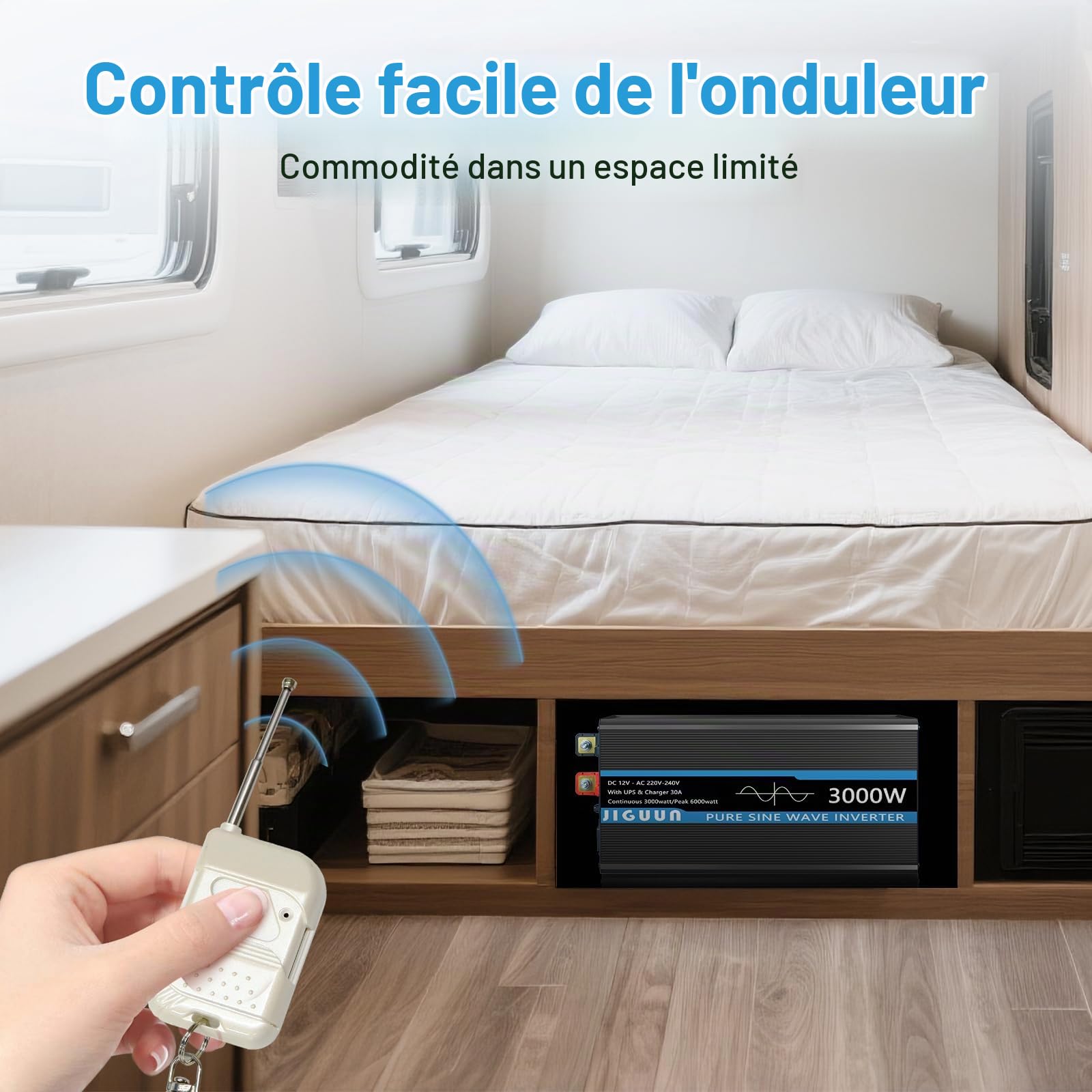 JIGUUN 3000W Convertisseur 12V 220V Pur Sinus | Chargeur 30A et Fonction priorité Secteur et ASI，2 Prises EU，Commande sans Fil et Affichage LCD Puissance de crête 6000W