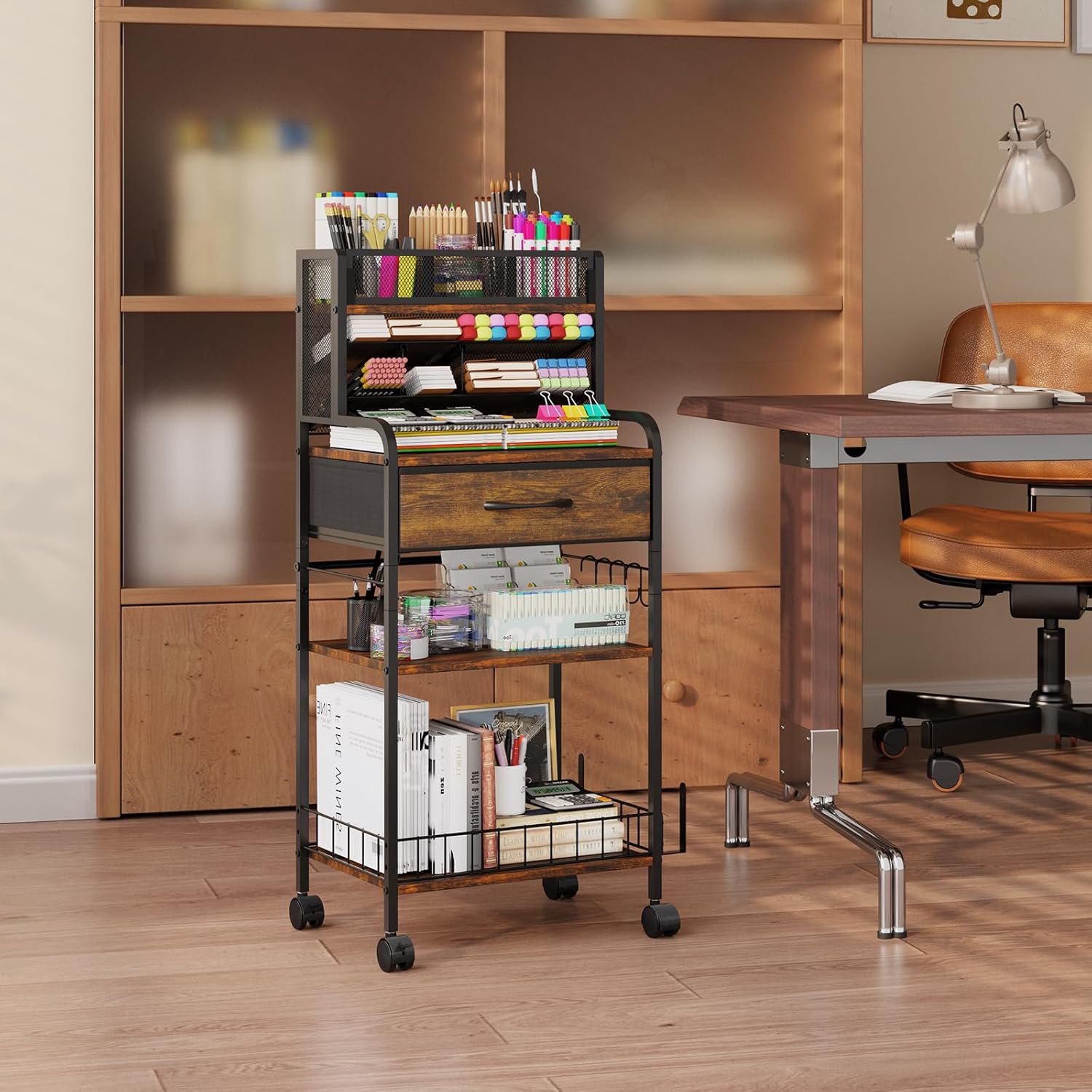 Art cart, 3 Tier Rolling Cart - Utility Cart with Storage Drawer and Wheels, Versatile Art & Craft Organizer for Home, Office, or Studio Ideal for Storing Brushes, Paints （Brown） - Image 5