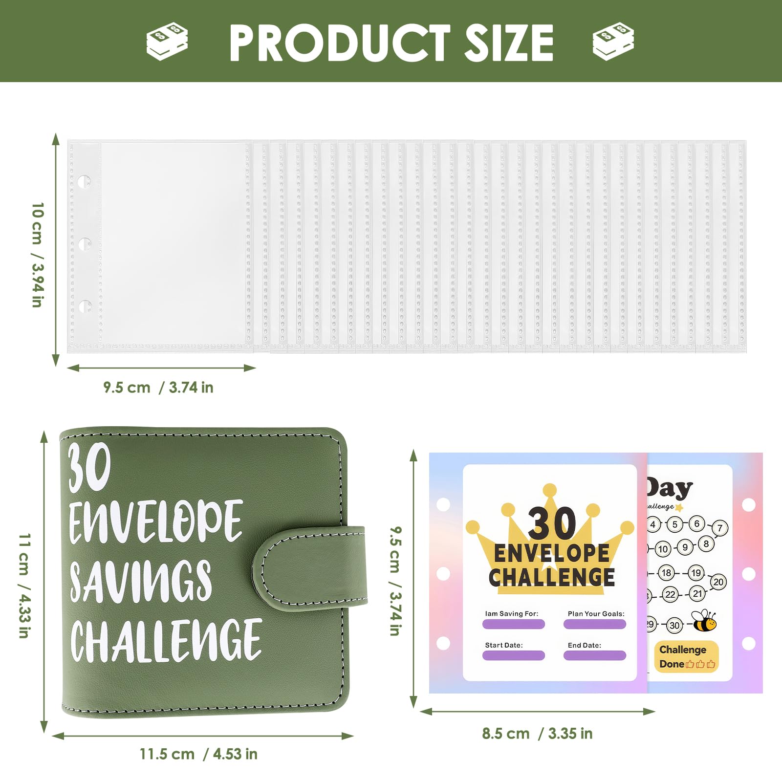 Sparbuch für Geld, 30 Tage Envelope Saving Challenge Geld Sparen Mappe mit 30 Geldumschlägen A8 Kinder Sparchallenge Budgetplaner, Geldspar Budgetordner für Kinder zum Sparen Erziehen, Grün