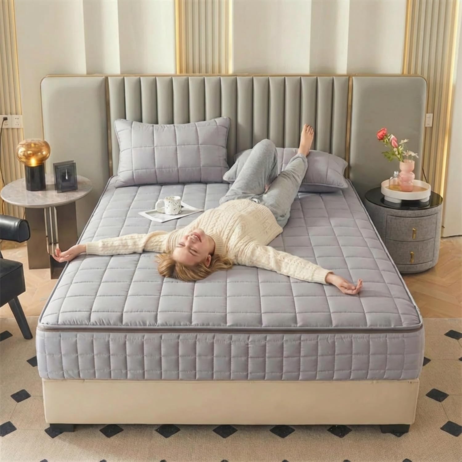 Matratzenbezug mit Reißverschluss Gesteppt – Rundum Matratzenschoner Komplettschutz, Atmungsaktive Matratzenhülle für Einzel- & Doppelbett, Weich & Waschbar(Grau,180x210x20cm)