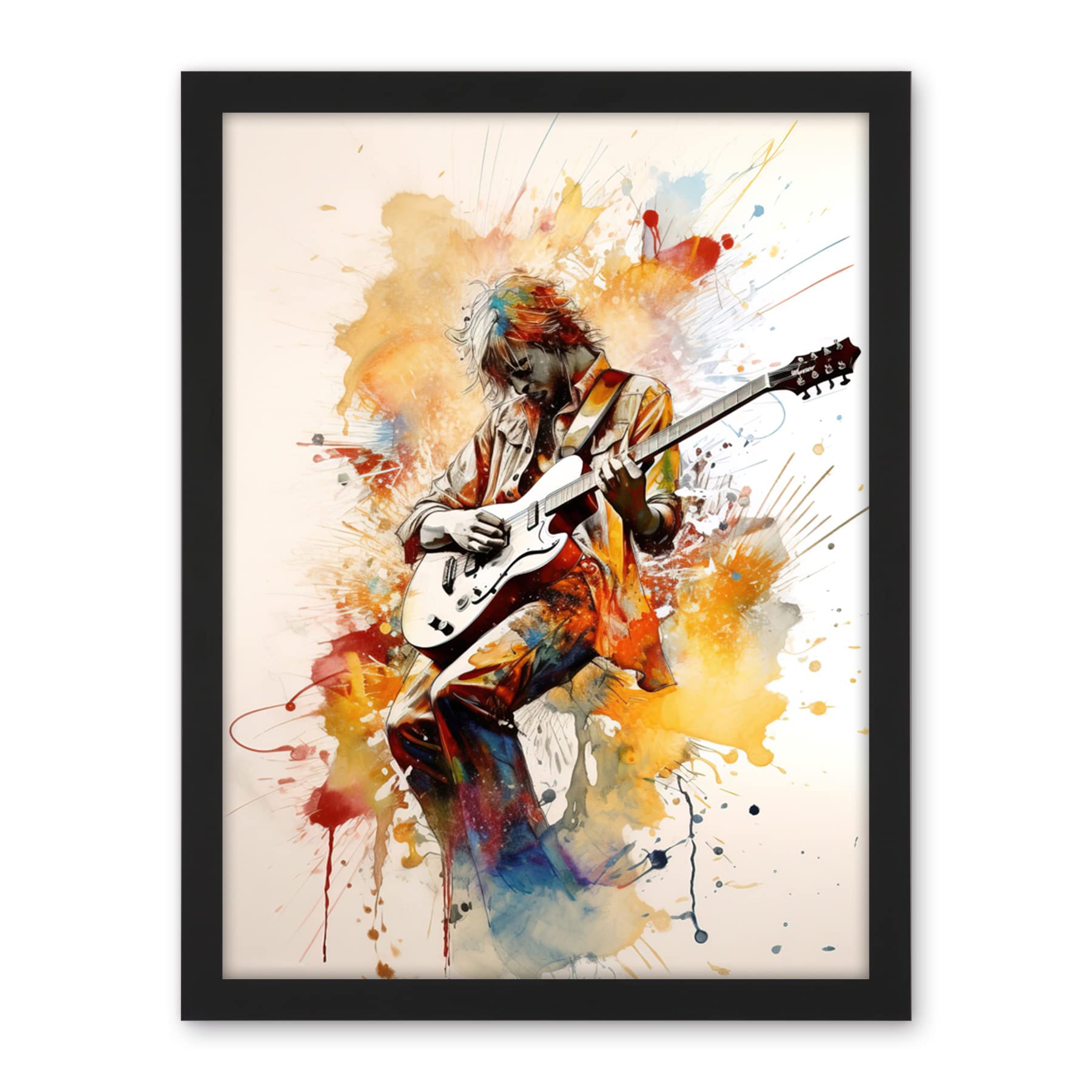 Artery8 Guitarist Musician Playing Solo on Electric Guitar Modern Watercolour Illustration Artwork Framed Wall Art Print 18X24 Inch