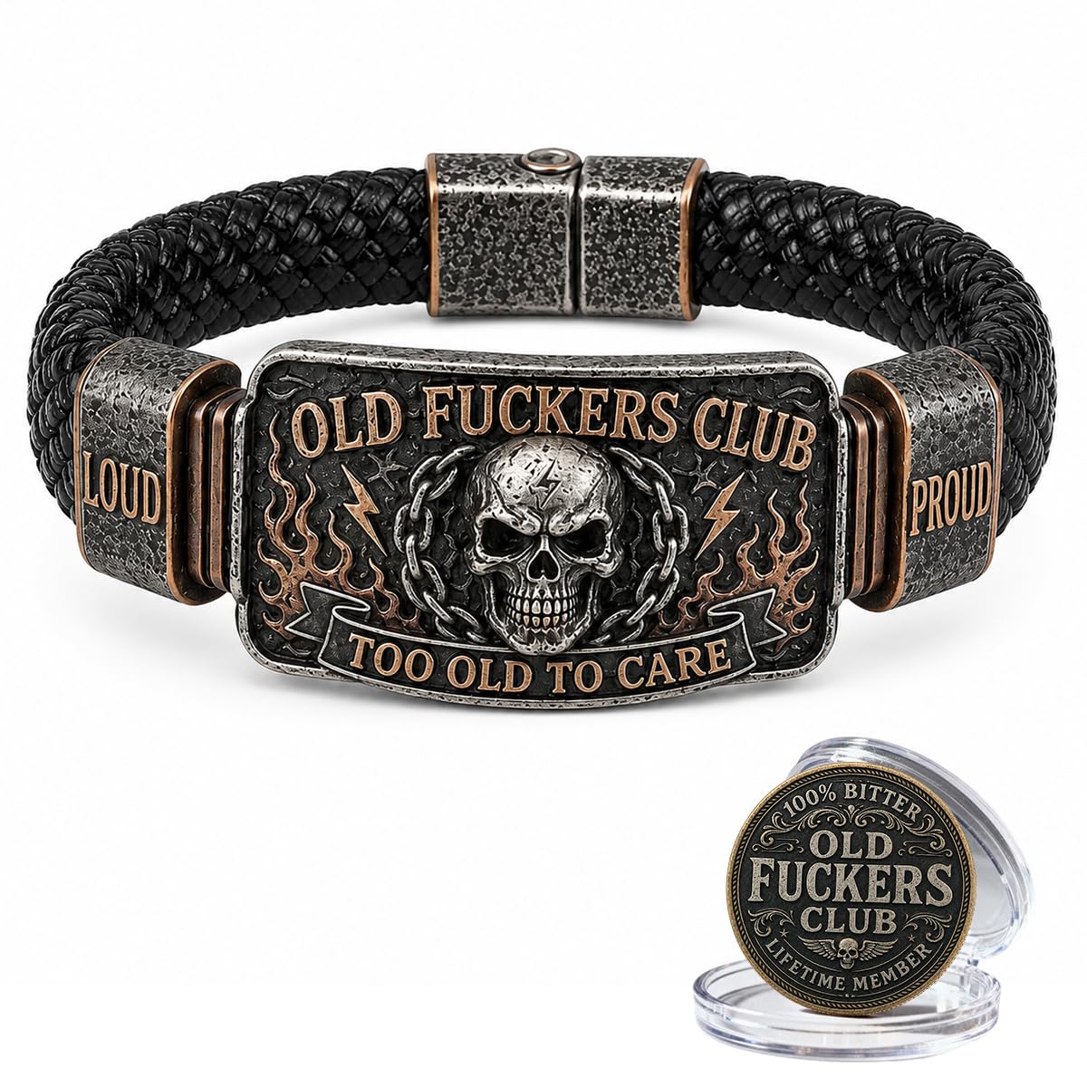 Old Fuckers Club Men's Vintage Skull Flame Biker Braided Bracelet, Too Old To Care Gothic Motorcycle Bracelet, Loud Proud Heavy Metal Bangle, Funny Gag Gift for Dad Husband Grandpa