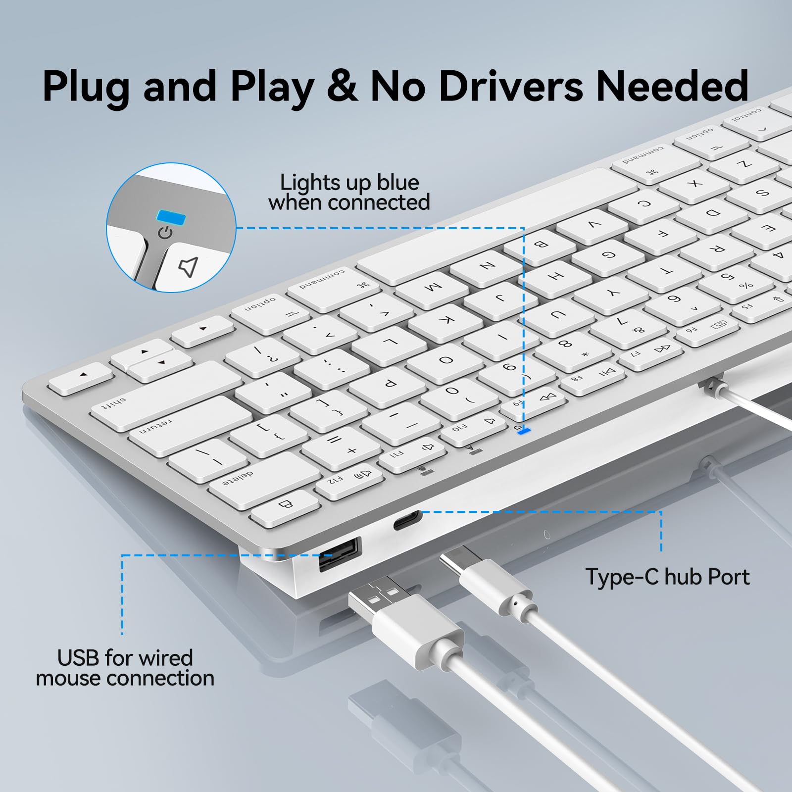 TECKNET Tastiera cablata e mouse compatibile con Mac, tastiera con doppia interfaccia (Type-C e USB A), mouse con interfaccia USB A per MacBook Pro/Air, iMac, Mac mini/Pro, bianco