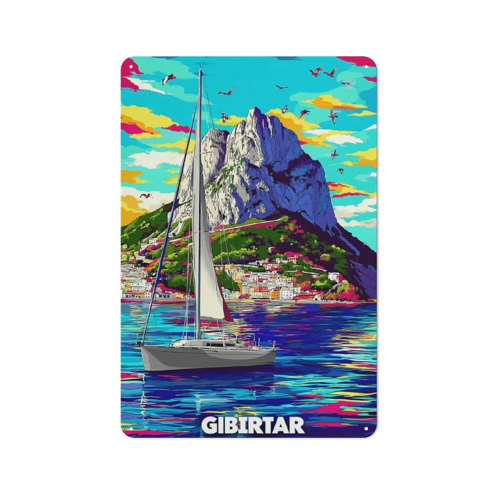 Junmoney Gibraltar Sailboat Sunset Rustic Metal Wall Sign 30X20cm For Kitchen Or Home Bar, For Garage, Workshop And Man Cave Decoration