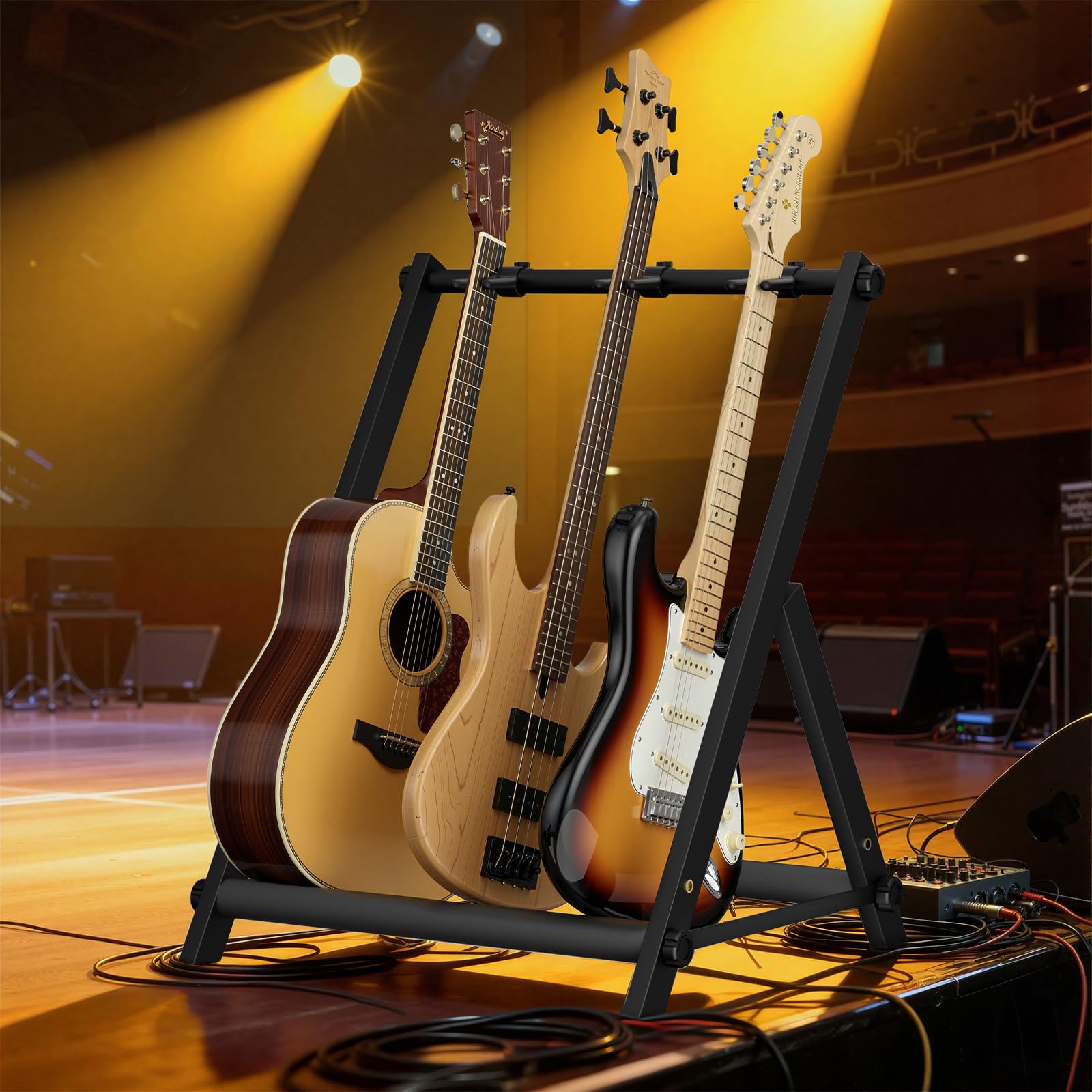 Gitarrenständer für 3 verschiedene Gitarren mit dicker Gummipolsterung, Gitarrenständer für Akustik-, Klassik-, Elektro-, Bass-, Studio- und Zuhause, langlebig, schwarz (3 Halterungen)