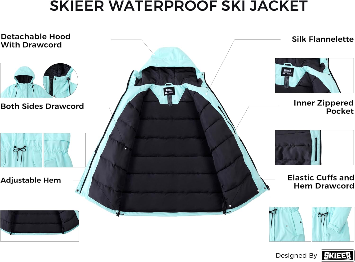 Skieer Women's Waterproof Ski Jacket Hooded Winter Puffer Jacket Warm Snow Coat - Image 3