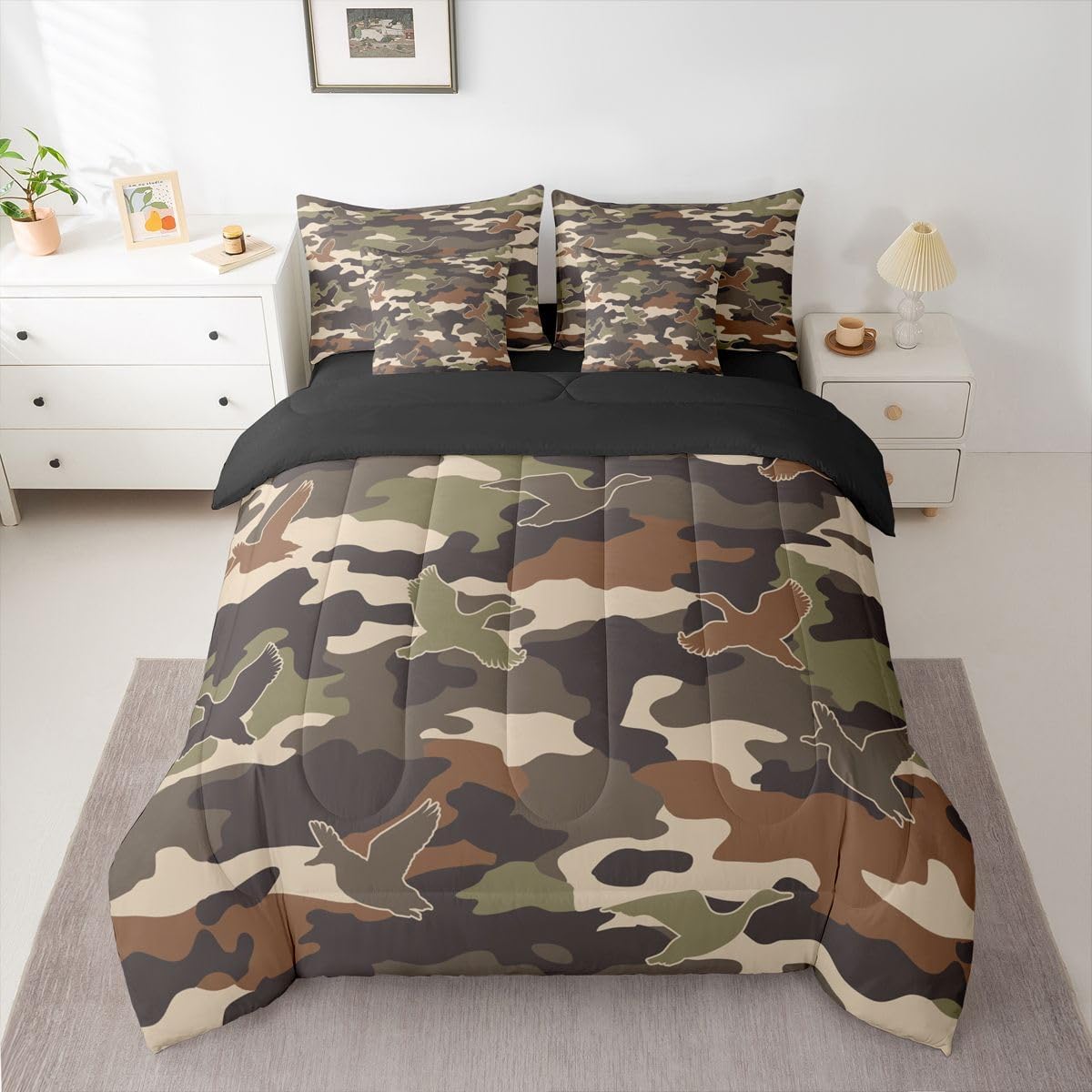 Erosebridal 3D Duck 7 Piece Bedding Set Queen Camo Camouflage Comforter Set with Sheets Green Dark Wildlife Bed in a Bag Flying Animals Hunting Bed Sets Comforter