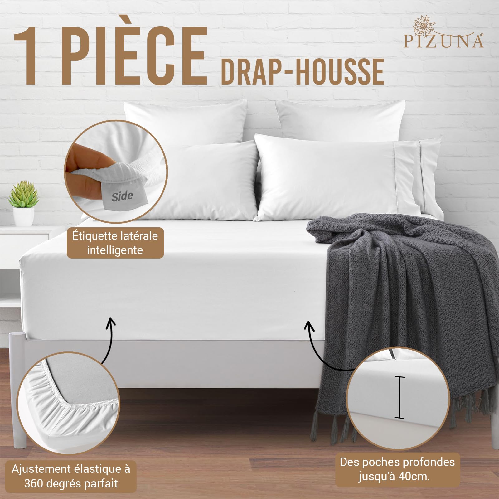 Pizuna Coton Luxueux Drap Housse 180x200 cm Blanc, 800 Fils | 100% Coton Longue Tige 800 Fils Armure Satin Drap Housse de Luxe Bonnet 40 cm (Blanc)