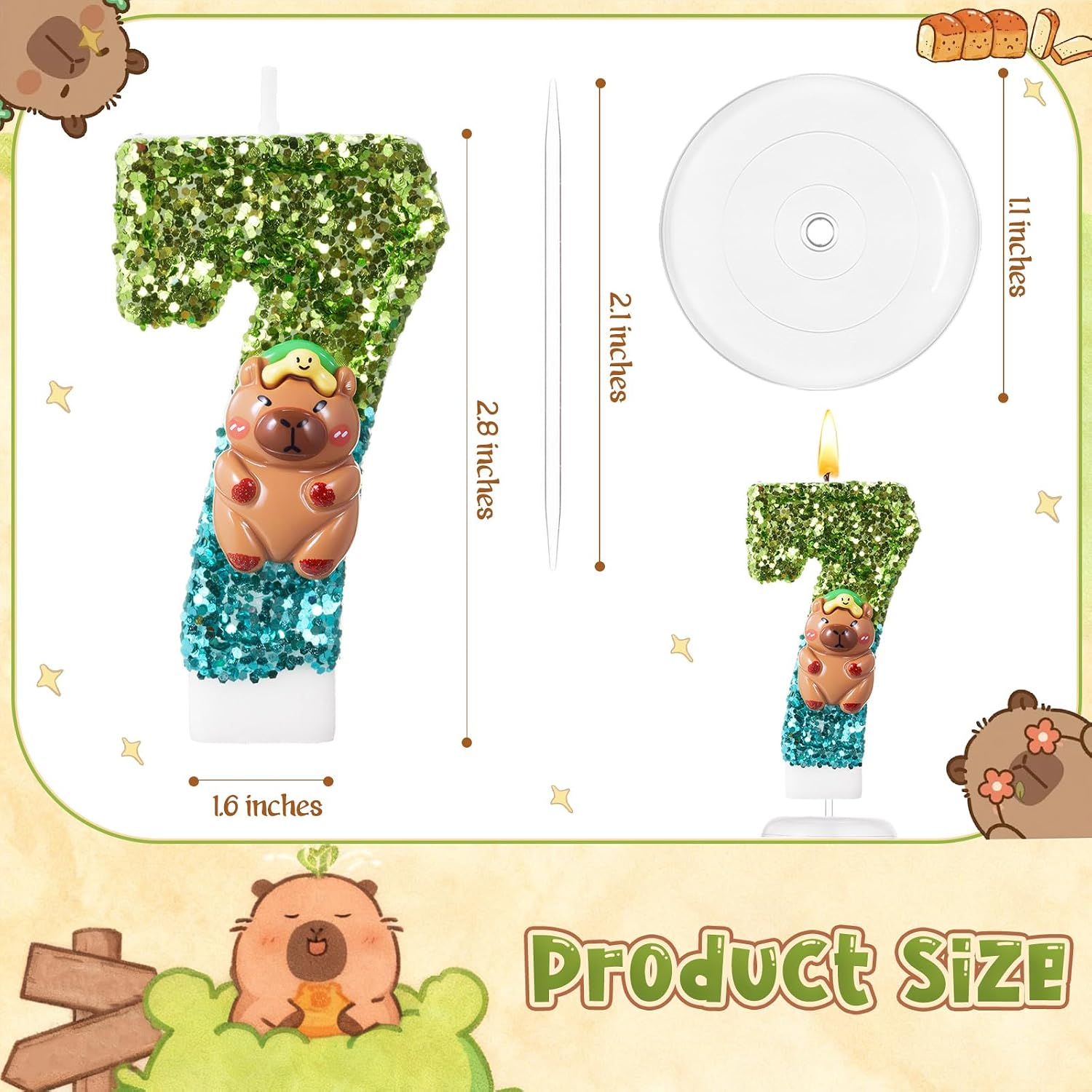 Lounsweer Sparkle Number 7 Capybara Birthday Candle Cake Decorations