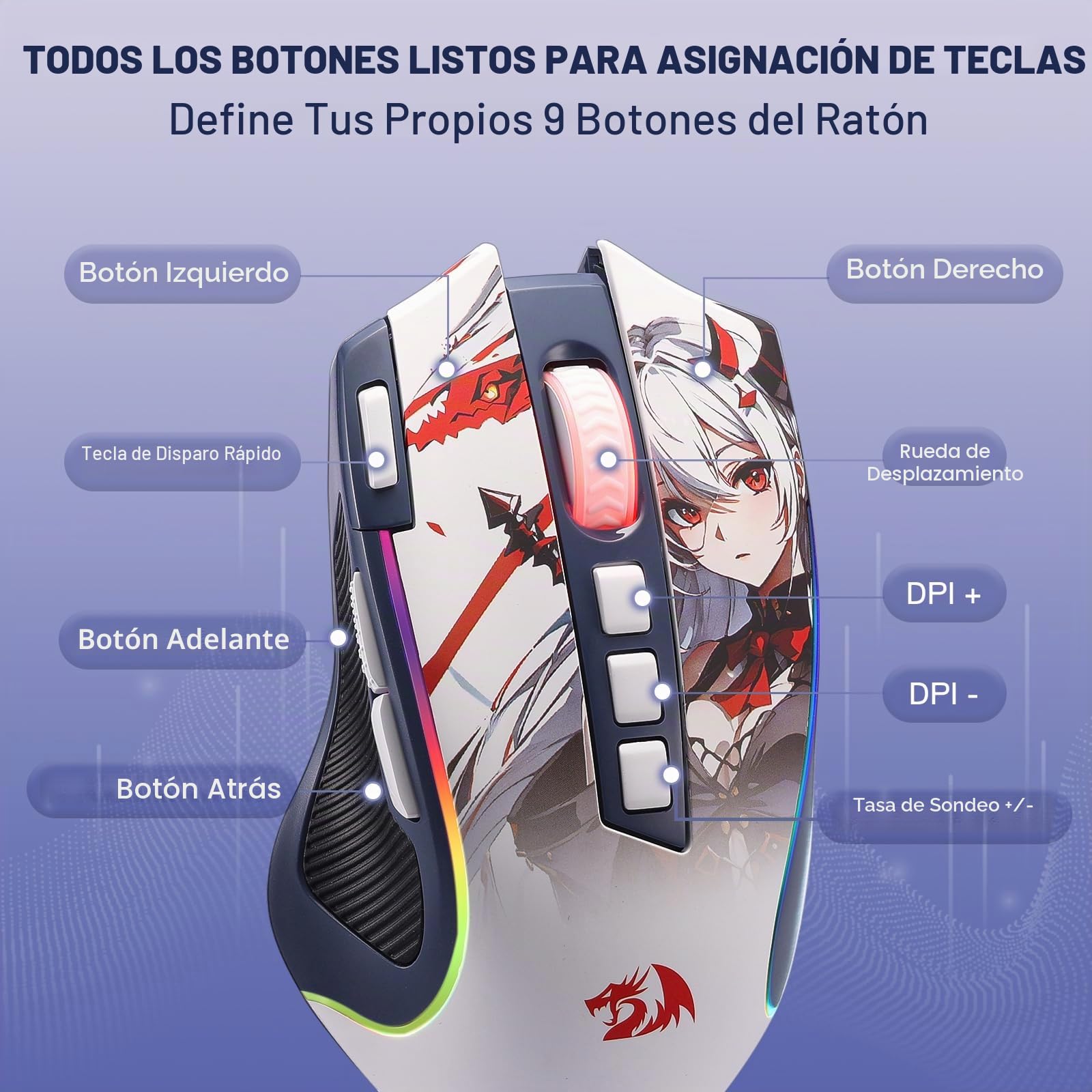 Redragon M612AK Pro Ratón Gaming Anime RGB Inalámbrico 8000 dpi | 9 Botones Programables 7 Modos Retroiluminación BT 2.4G Botón Fuego Rápido Software