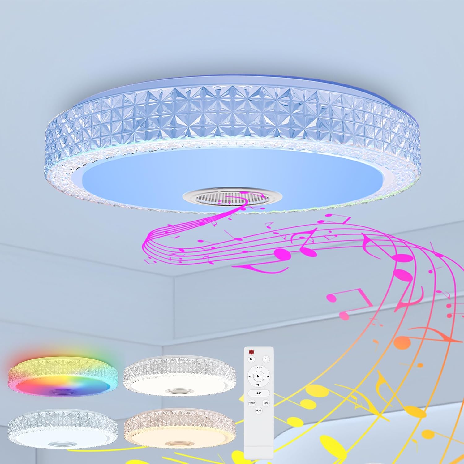 LZQ LED Ceiling Light Dimmable with Bluetooth Speaker and App Control 48 W RGB Ceiling Light with Remote Control Party Light Colour Changing Lamp 2800-6500 K for Living Room Children's Room Bathroom [Energy Class A]