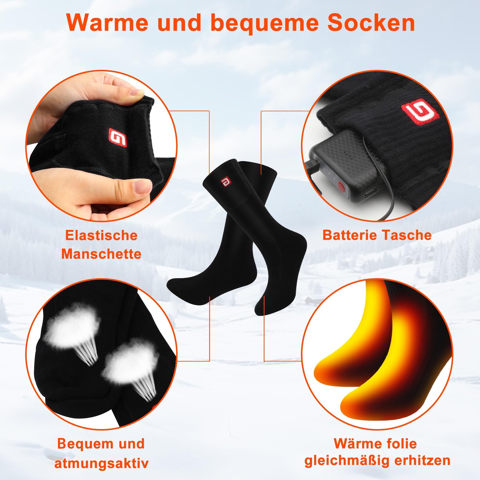 wiederaufladbare beheizbare Socken mit 3 Temperatureinstellungen | 4000 mAh Akku Unisex für Männer und Frauen, waschbar, warme Winter-Socken geeignet für Skifahren und Camping