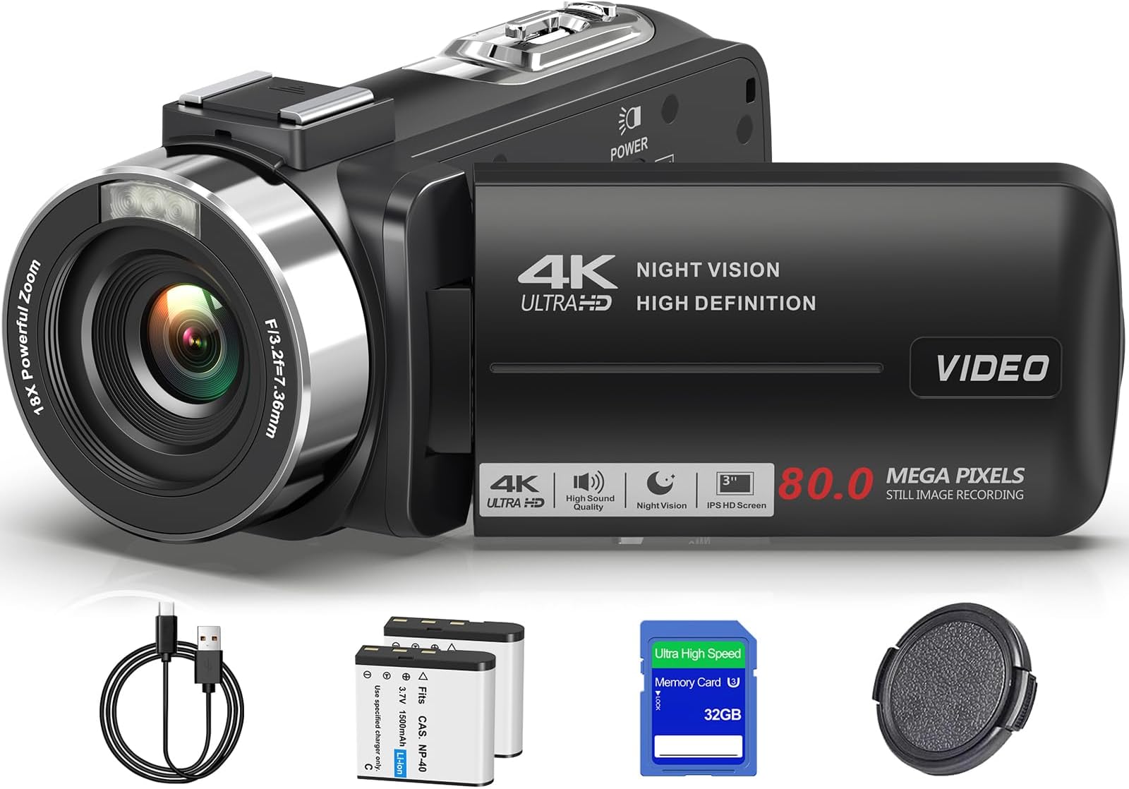 4K Camcorder Video Camera Ultra HD 80MP IR Night Vision Vlogging Camera for YouTube,18X Digital Zoom Camcorder 3.0" 270° Rotation IPS Screen Video Recorder with 32GB SD Card, Lens Cap and 2 Batteries