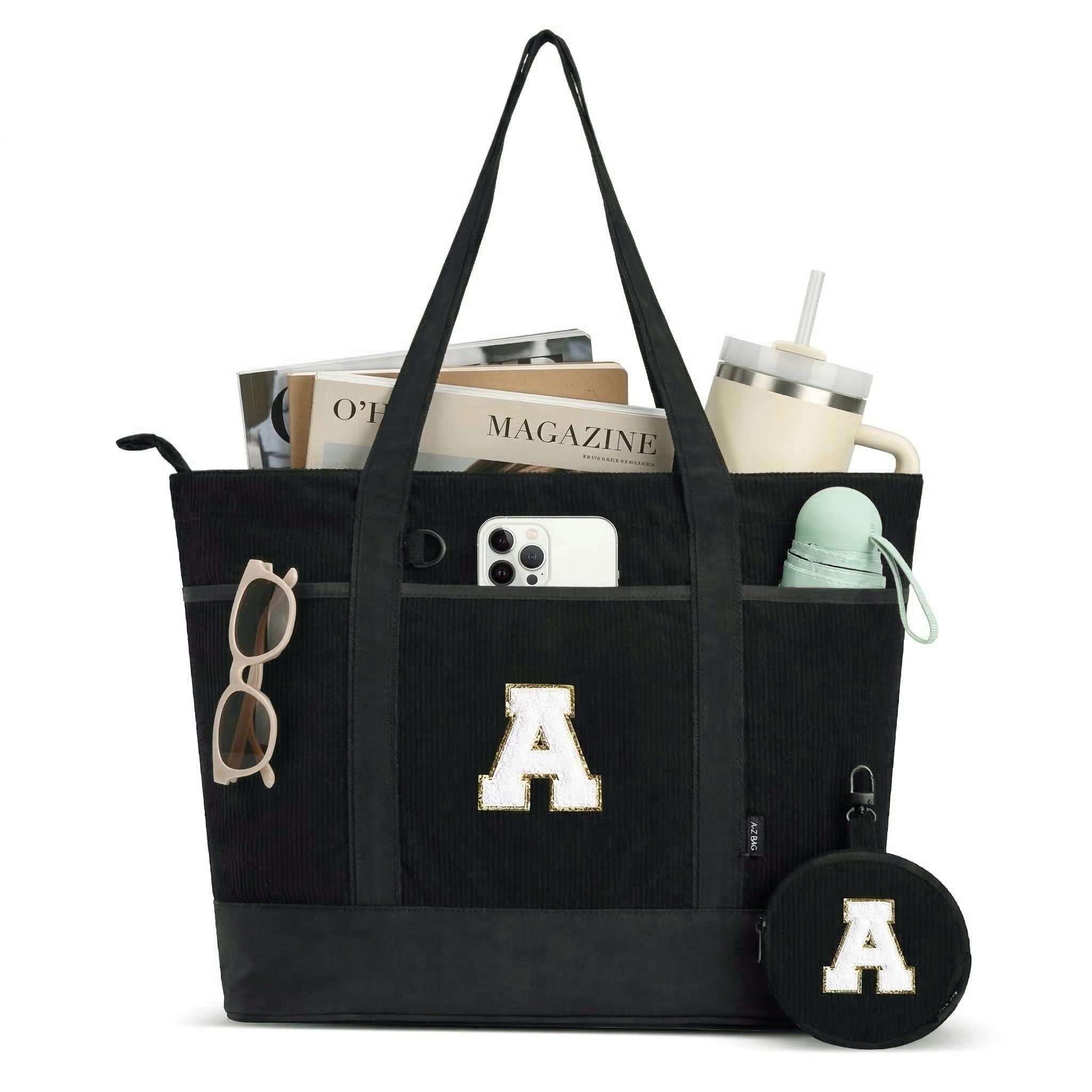 A-Z BAG Cord-Tragetaschen für Damen mit Münzbeutel – Personalisierbare Initialen-Umhängetasche mit verstärktem Boden – Großvolumige Geschenke für Frauen & Teenager