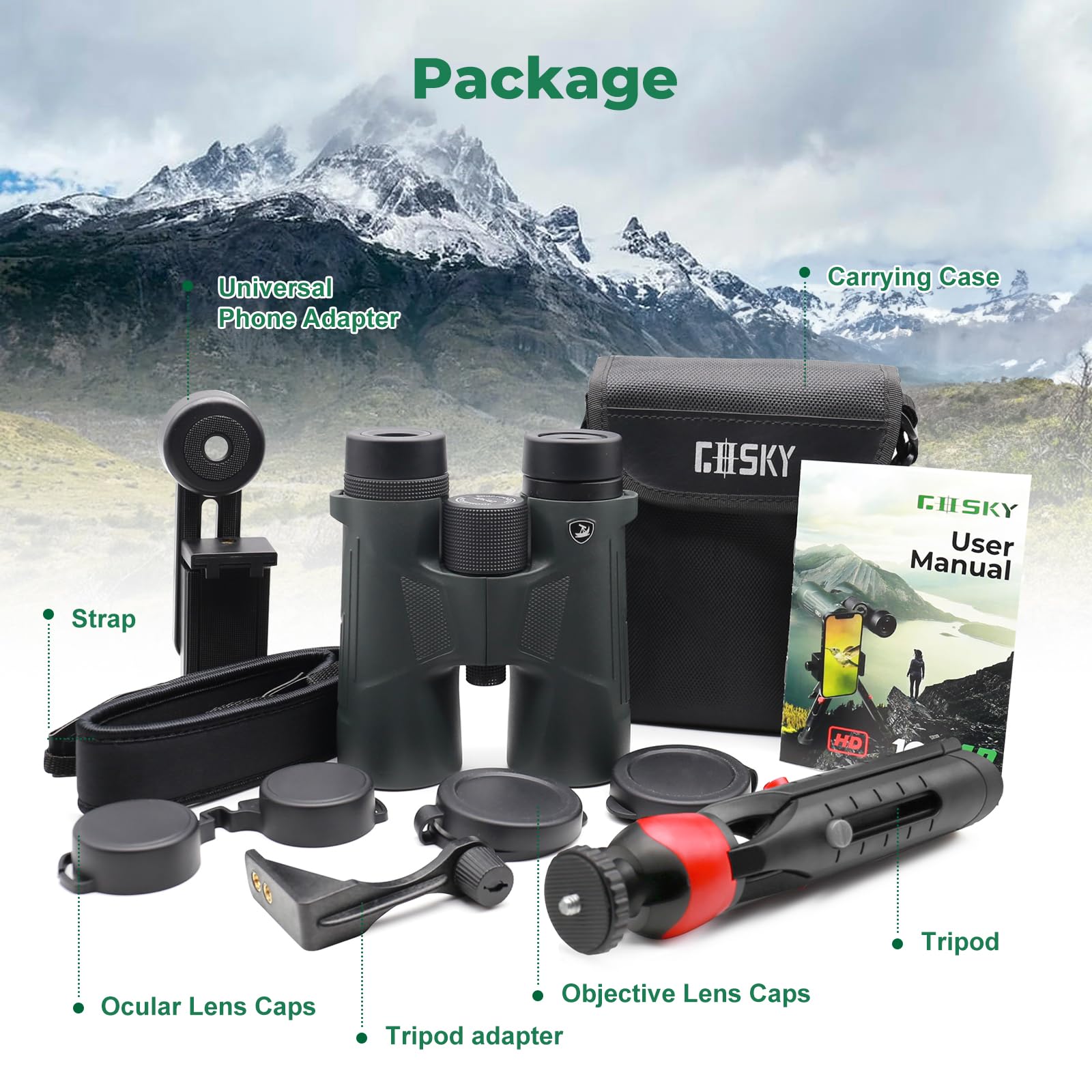 Gosky Binocolo HD 10X42 per adulti con adattatore per telefono, binocolo ad alta potenza con prisma BAK4 e lente FMC, binocolo impermeabile per bird watching, caccia, viaggi, sport all'aria aperta