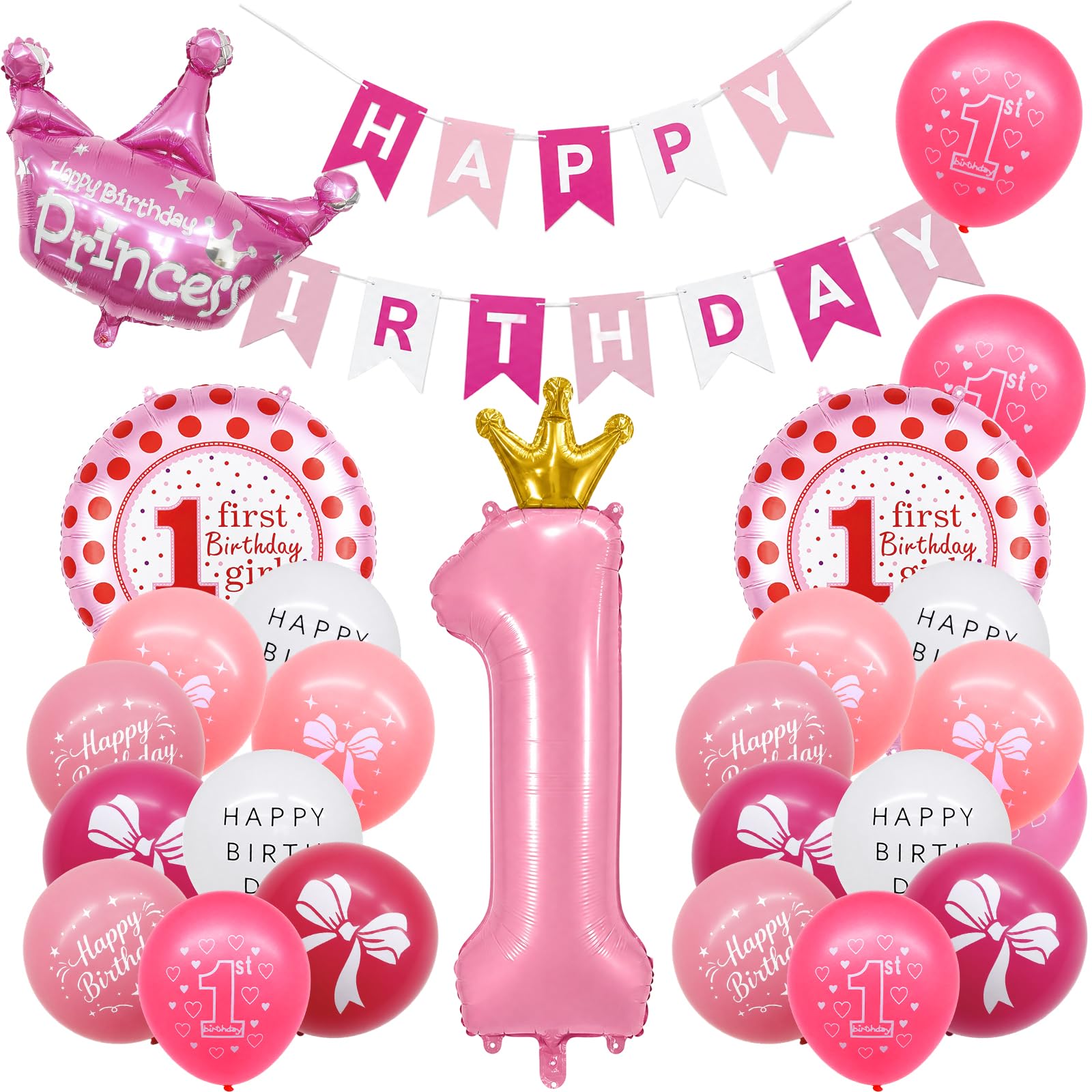 29 Pcs,1st Birthday Decorations for Girls, with 24 Pcs Balloons, Banner