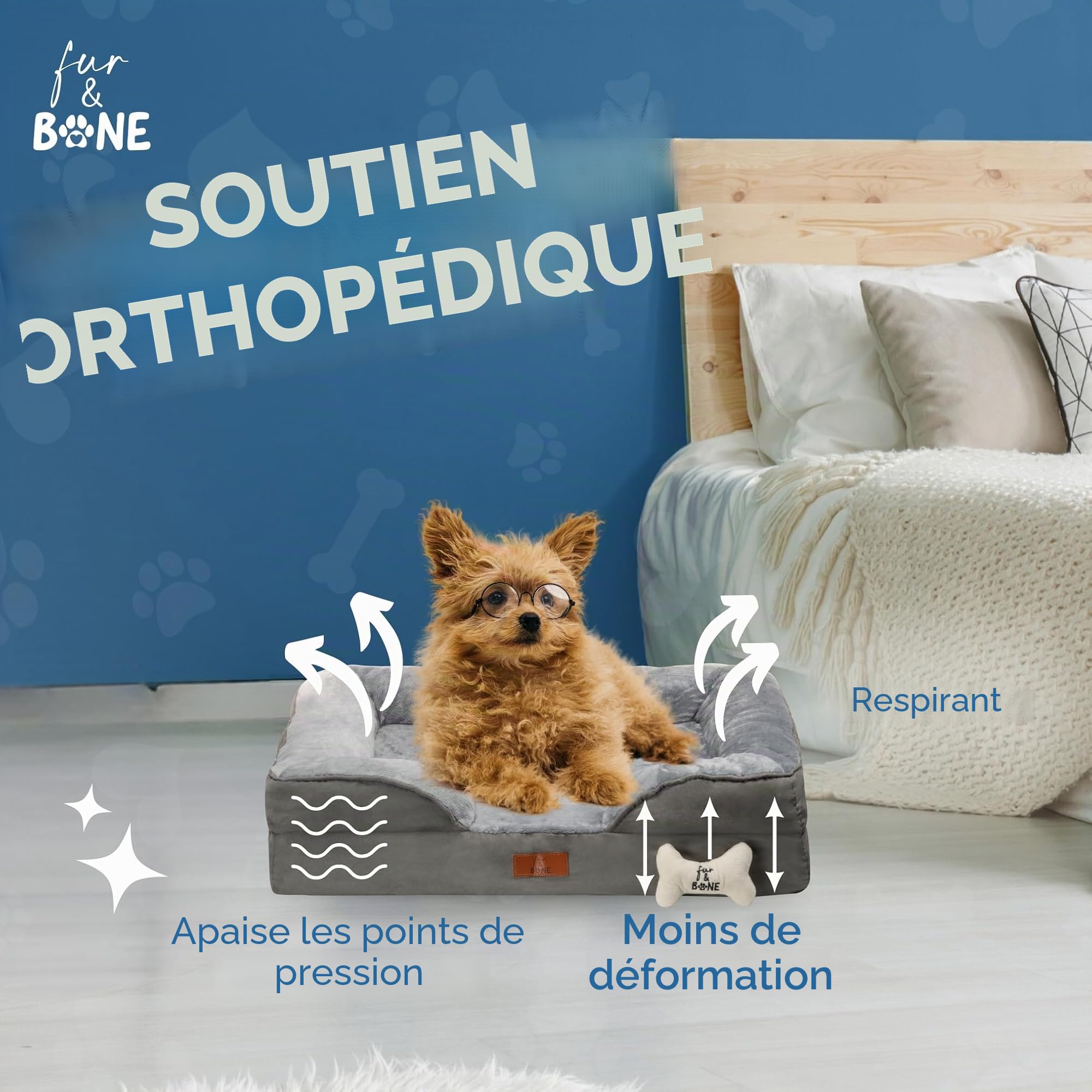 Fur & Bone Lit pour chien de taille moyenne (70 x 58 x 18 cm) - Lit pour chien avec coussin doux - Lit orthopédique pour chien - Housse amovible en velours peluche - Couche imperméable - Fond