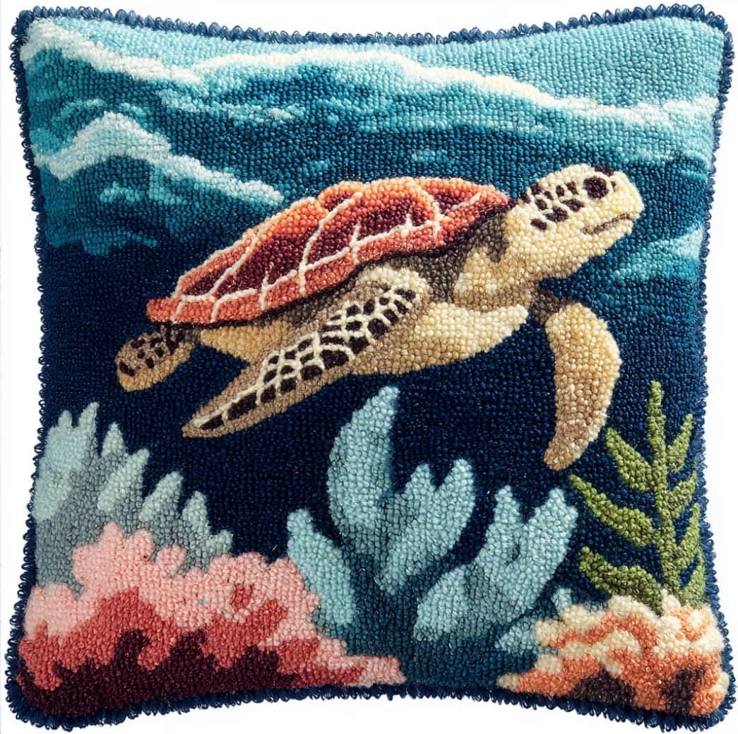 WallustrioaW DIY Latch Hook Pillow Kit,Sea Turtle Pillowcase Kits Embroidery Kits 17X17 Inch DIY Needlework Pillow Cover Sofa Cushion Rug Making