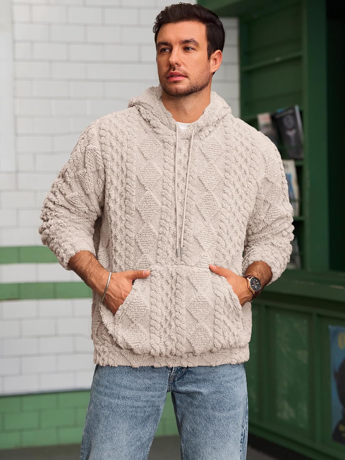 Runcati Mens Fuzzy Sherpa Hoodie Pullover Sweatshirts Long Sleeve Front Pocket Fall Winter Hooded Textured Outwear - Image 3