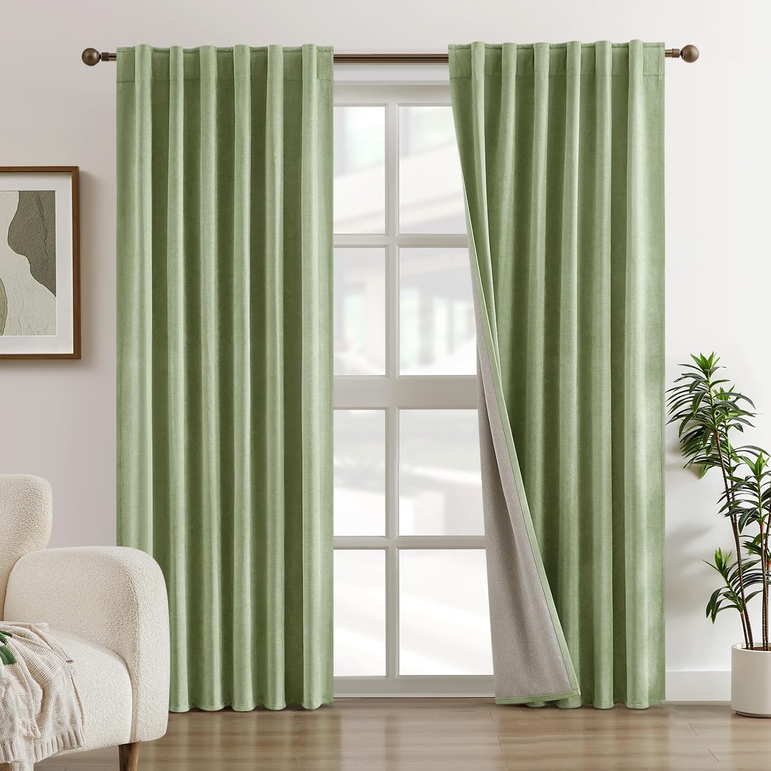 HOMEIDEAS 100% Chenille Blackout Curtains for Bedroom Sage Green Curtains 84 Inch Length 2 Panels for Living Room Thermal Insulated Black Out Grommet Window Drapes, W52 x L84 52"W x 84"L (Pack of 2) Sage Green