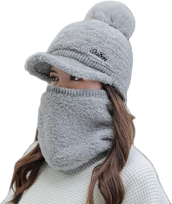 Amazon Mangjiaobh Free Size 帽子 レディース ニット帽子 ポンポン付き ニット レディースファッション グレー レディース帽子 秋冬帽子 秋冬 ニットキャップ ネックウォーマー 2点セット キャップ 防寒対策 普段着 アウトドア お出かけ 遊び スキー ニット 通販