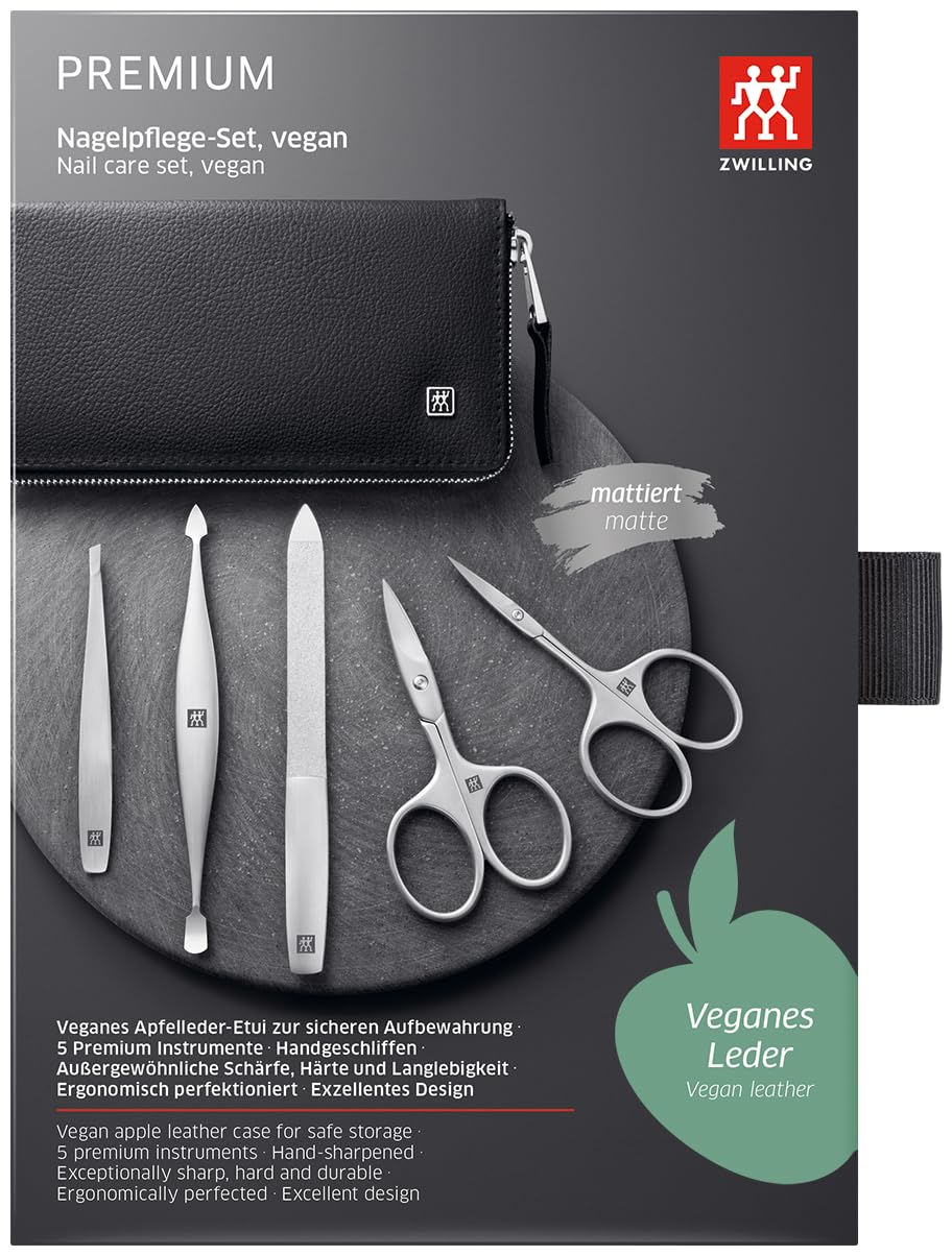 ZWILLING Maniküre- & Pediküre-Set 5-teilig im veganen Apfelleder-Etui, Nagelpflegeset inkl. Nagelschere & Feile, rostfreier Edelstahl, Schwarz, Premium
