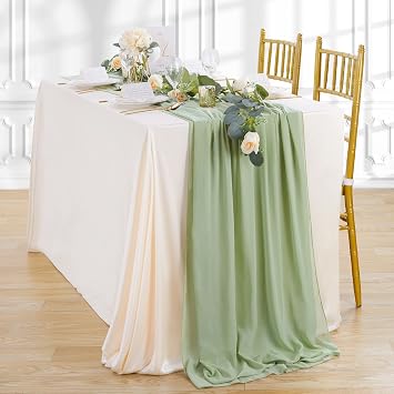 QueenDream 10Pieces 10FT Sage Green Chiffon Table Runner Sheer Romantic Table Runner for Wedding Birthday Party Outdoor Decorations 27x120 Inch