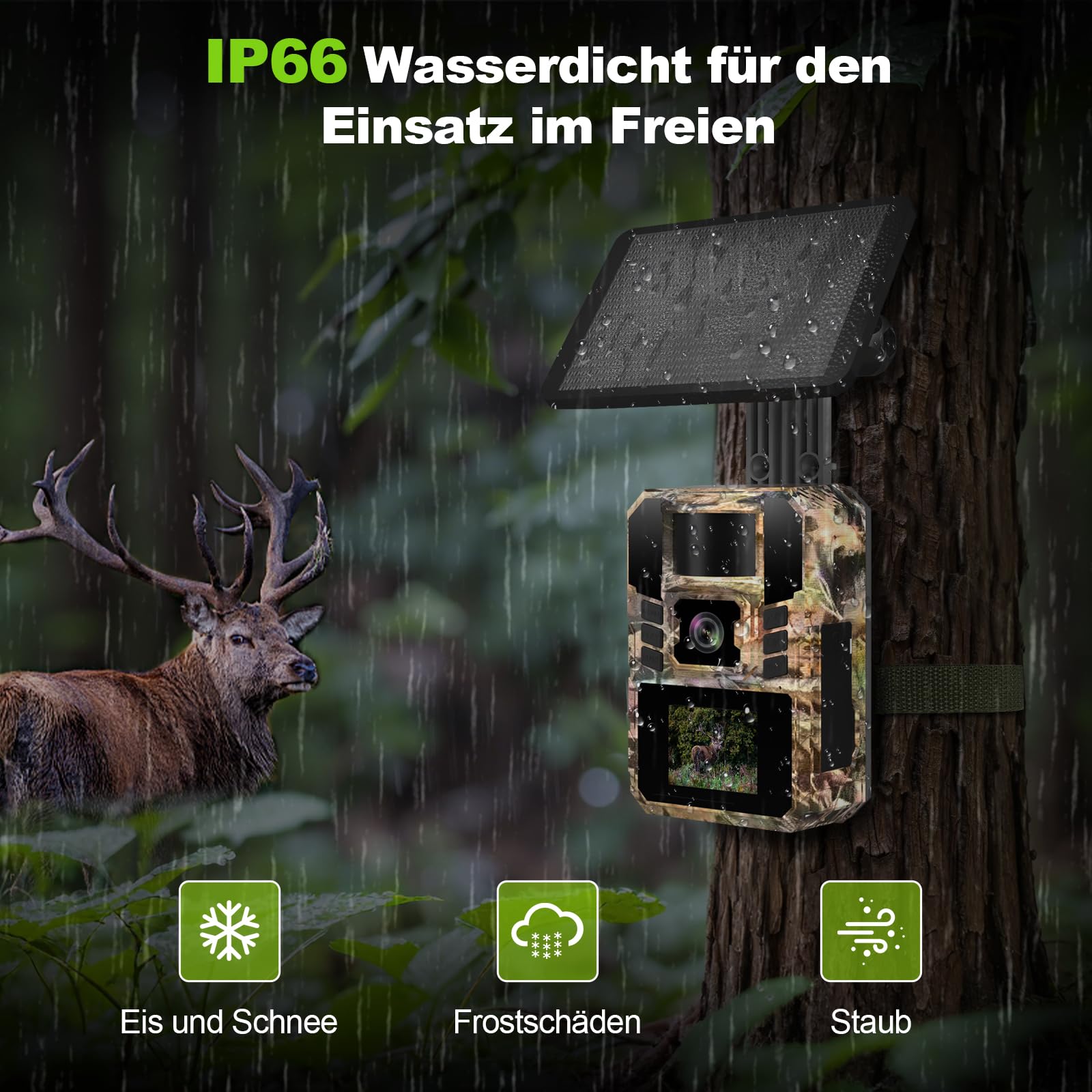 Lutranstra 3 Wildkamera Solar, 4K/64MP Wildkamera WLAN mit Handyübertragung APP, Bewegungssensor, Nachtsicht, 0,1s Auslösezeit, Infrarot Wildtierkamera mit 5000mAh Akku, 64GB Karte, IP67 Wasserdicht