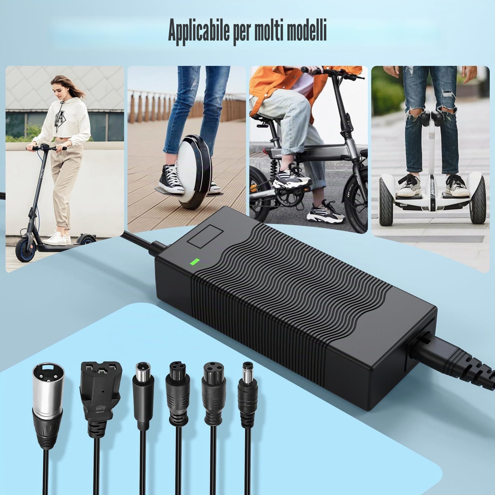 Caricatore Scooter Elettrico 42V 2A con 6 Spine, Alimentatore per Batteria al Litio 36V, Compatibile con Xiaomi Mi, Ninebot, Hoverboard ed E-Bike, Adattatore di Ricarica con Cavo