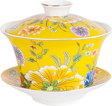 Chinese Gaiwan Tea Cup, Traditional Porcelain Teacups, Large Kung Fu Mug and Saucer with Lid Classic Sancai Tea Bowl 400ml/13.5oz Yellow