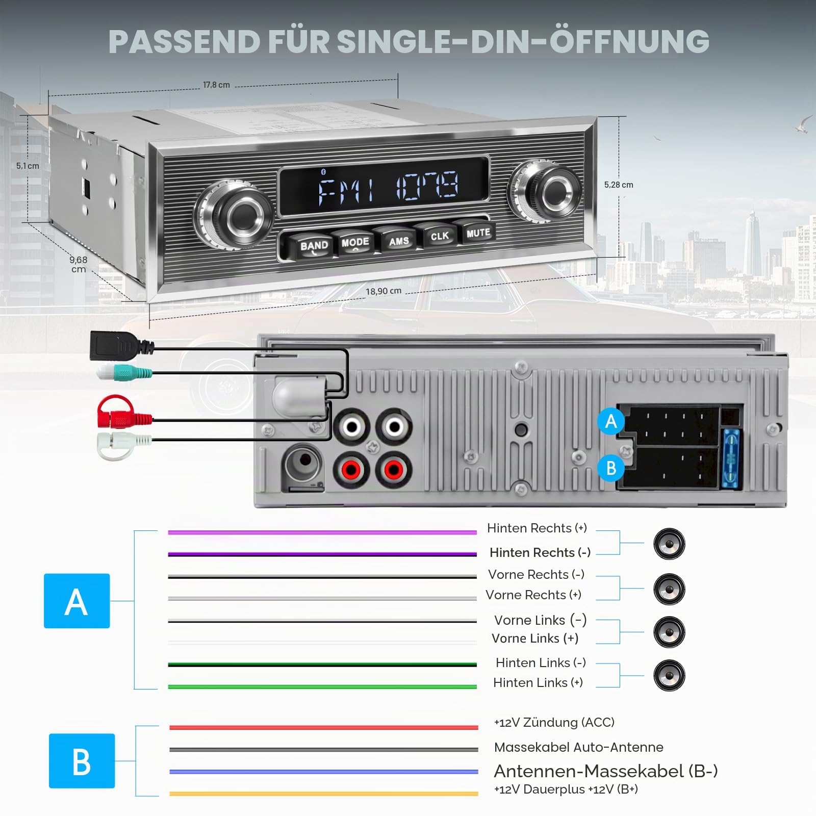 Bluetooth Retro Radio für Klassische Fahrzeuge: Single DIN Vintage Stereo fürs Auto – AM FM Tuner USB AUX Eingang Subwoofer RCA Ausgang