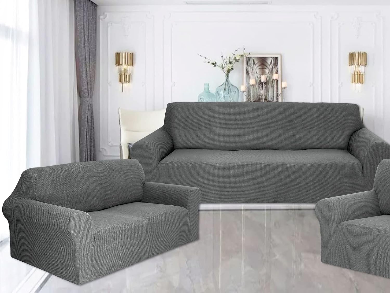 Valora Home Sofa Protector Couch Slipcover Set- Elastic Spandex, Non-Slip Furniture Protector Solid Set (Charcoal/Dark Grey, 3 PCE (Sofa+Love-Seat+Arm-Chair))