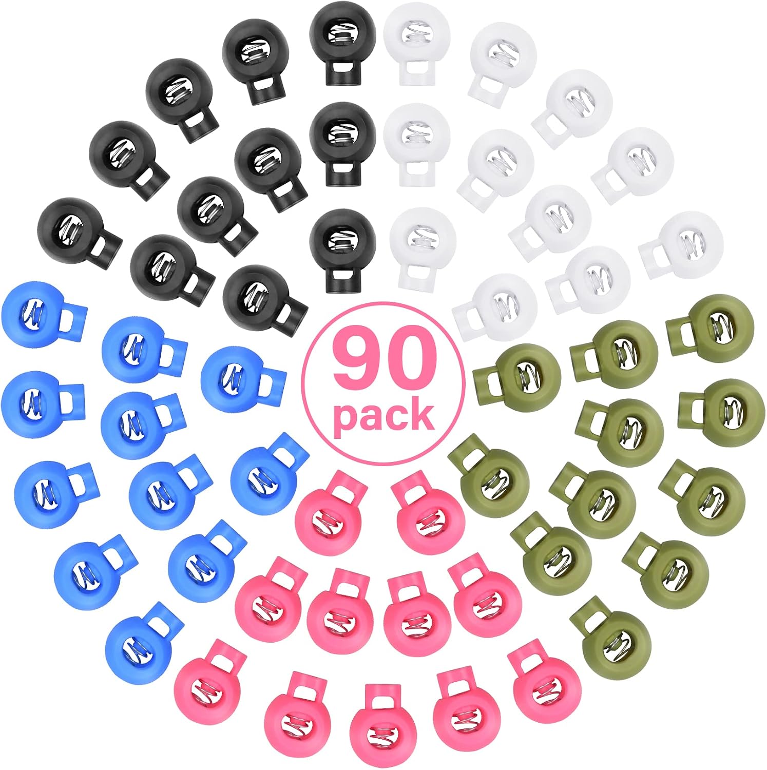 90-Pack Colorful Cord Locks 5 Colors Plastic Toggle Single Hole Spring Loaded Elastic Drawstring Rope Cord Locks Clip Ends Round Ball Shape Luggage Lanyard Stopper Sliding Fastener Buttons