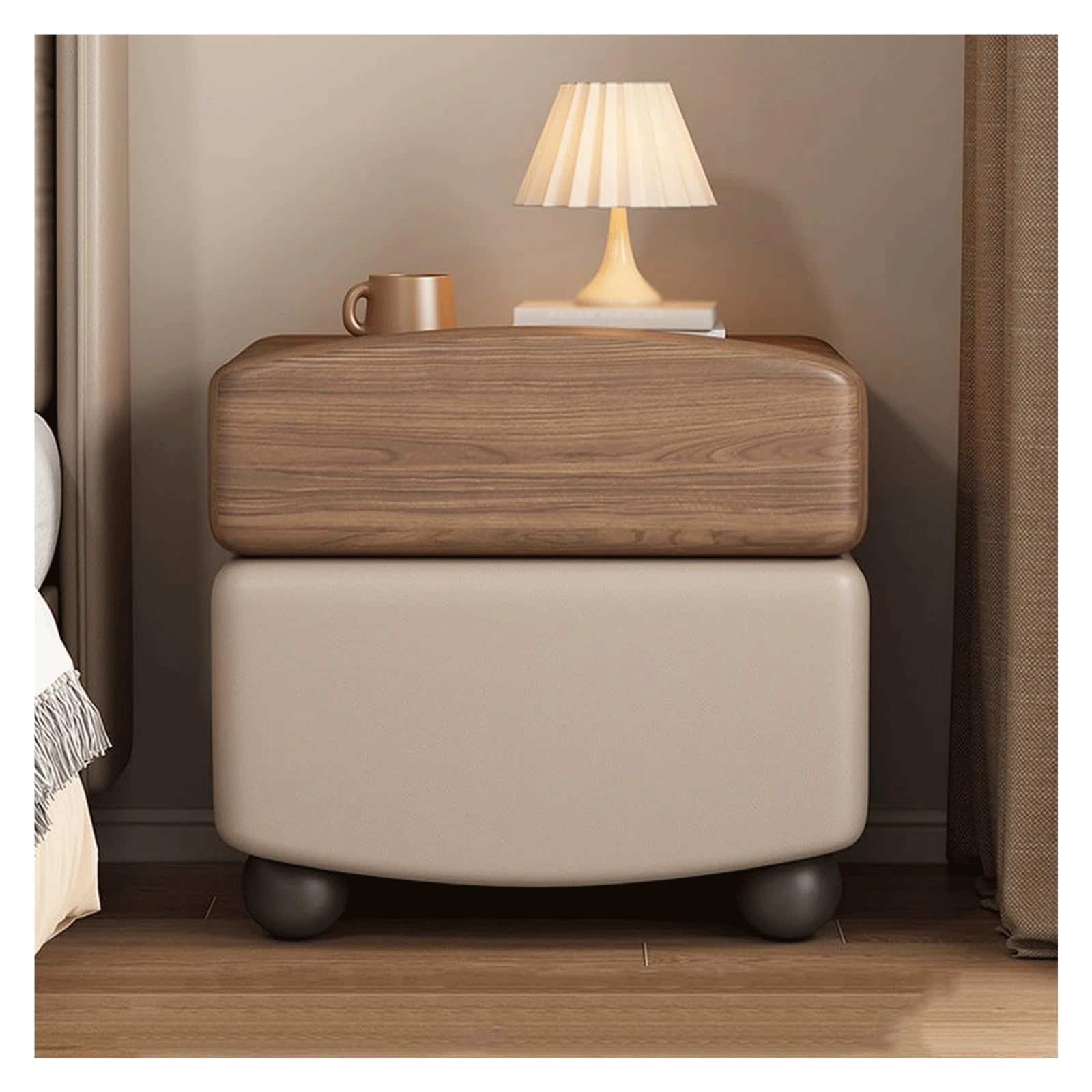 SXZenSpace Lightweight Nightstands Solid Wood Bedside Cabinet with 2 Drawers,Bedside Table Small Leather Side Borderless Handle End Table(Walnut+Khaki,50cm/19.7in)