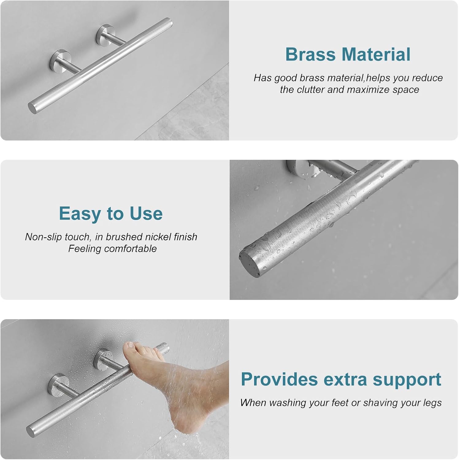 BWE Shower Foot Rest Brushed Nickel Wall Mount Shower Footrest for Shaving Legs Brass Bar Shower Step Foot Ledge Anti-Slip Shower Foot Ledge