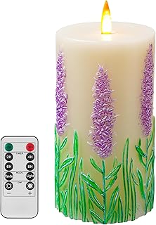 Lavender Embossed flameless Candle with Flickering Flame - Battery-Operated Candle with Remote Timer - Real Wax - unscented - Home - Holiday Decoration (3 inches x 6 inches)
