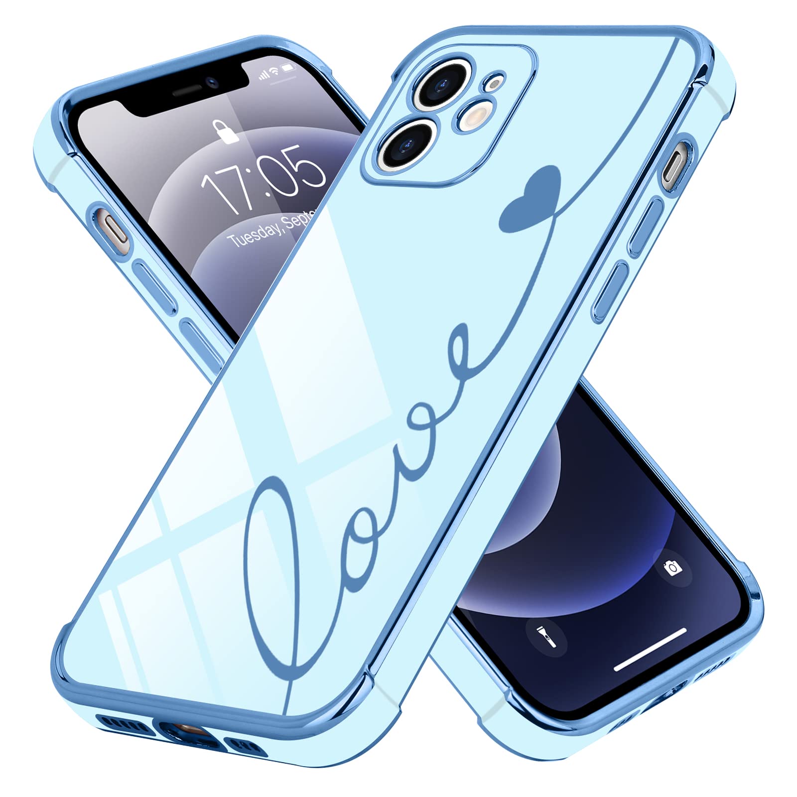 LCHULLE Designed for iPhone 12 Case,Cute for Women Girls Luxury Plating Love Letter Golden Heart Pattern Raised Camera Protection Cover,Shockproof Silicone Phone Case for iPhone 12 6.1 inch,Blue