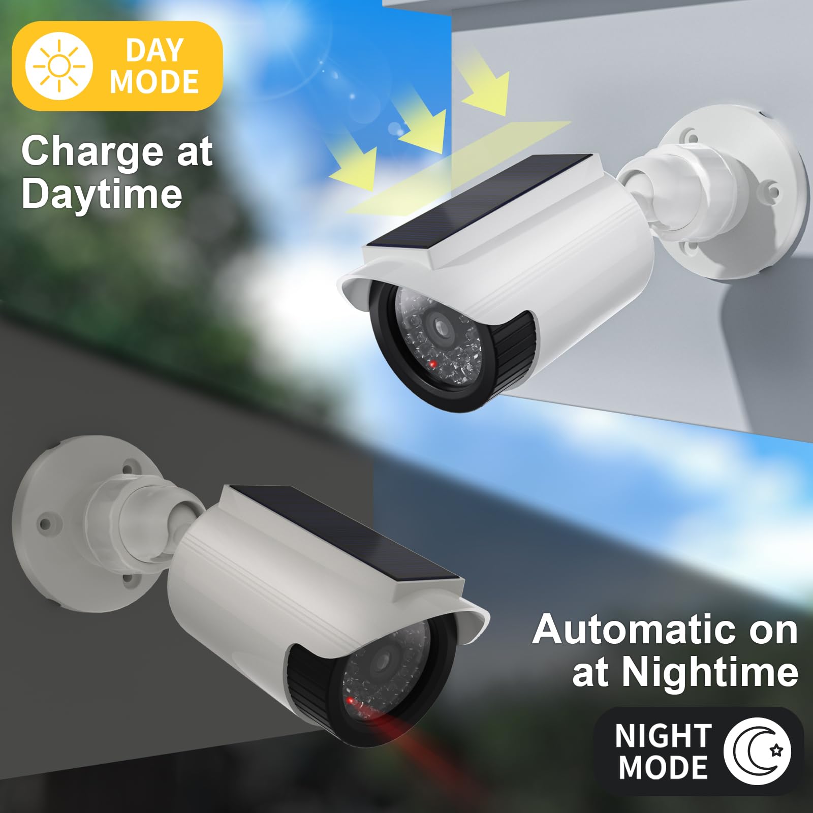 WALI Lot de 2 fausses caméras de sécurité factices à énergie solaire avec lumière LED pour intérieur et extérieur - Simulation de surveillance - Caméras dôme avec autocollant d'avertissement (SOLTC-W2