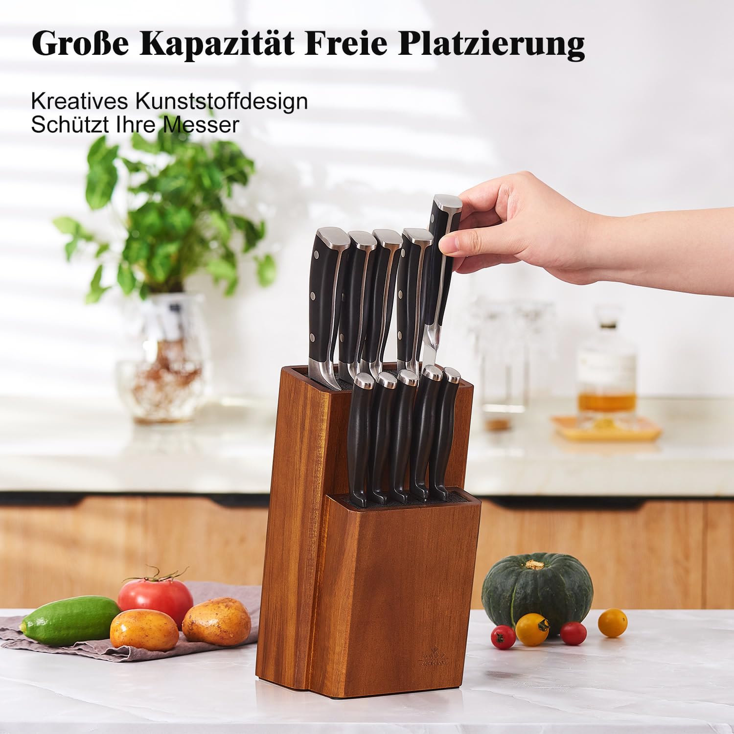 ENOKING Messerblock Aus Akazienholz Mit Abnehmbaren Kunststoffborsten - Universal Messerhalter für die Küchenzeile