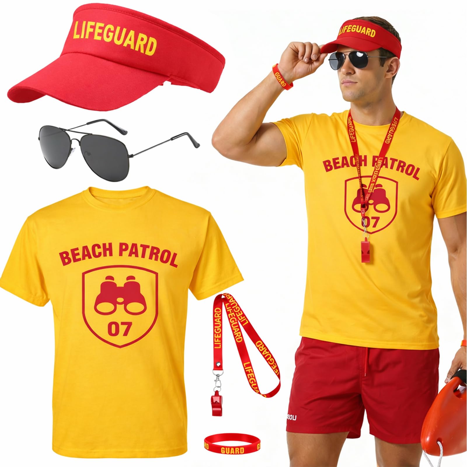 iSharely 5Pcs Lifeguard Costume Set for Adults, Life Guard Fancy Dress with T-Shirt Sunglasses Hat Whistle & Wristband Baywatch Outfit for Men Women Pool Beach Party Halloween Cosplay (XL)