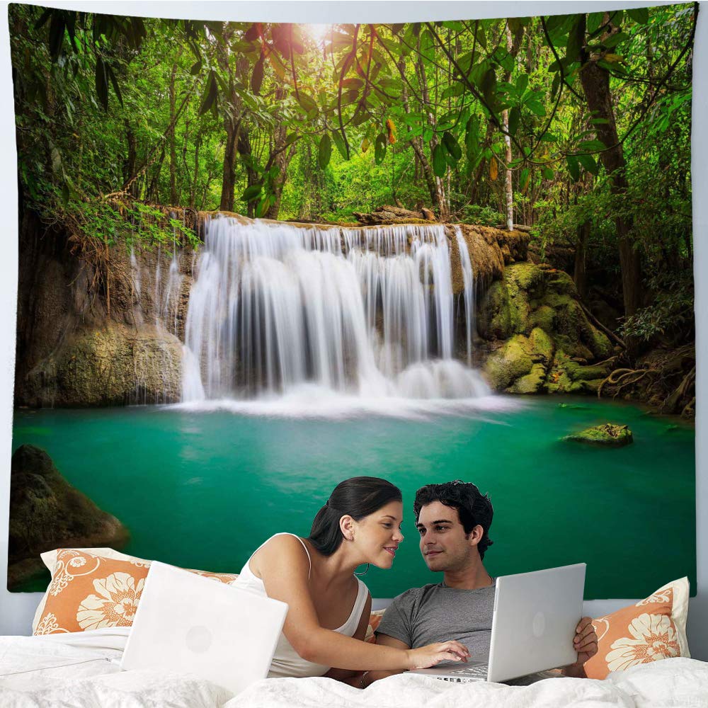 HIYOO Home Tropical Waterfall Tapestry with Non-trace Tacks, Nature Mountain Jungle Green Tree Tapestry Wall Hanging Zen Wall Tapestries Decor for Dorm Bedroom,Living Room, Wall Background 80"W x 60"L