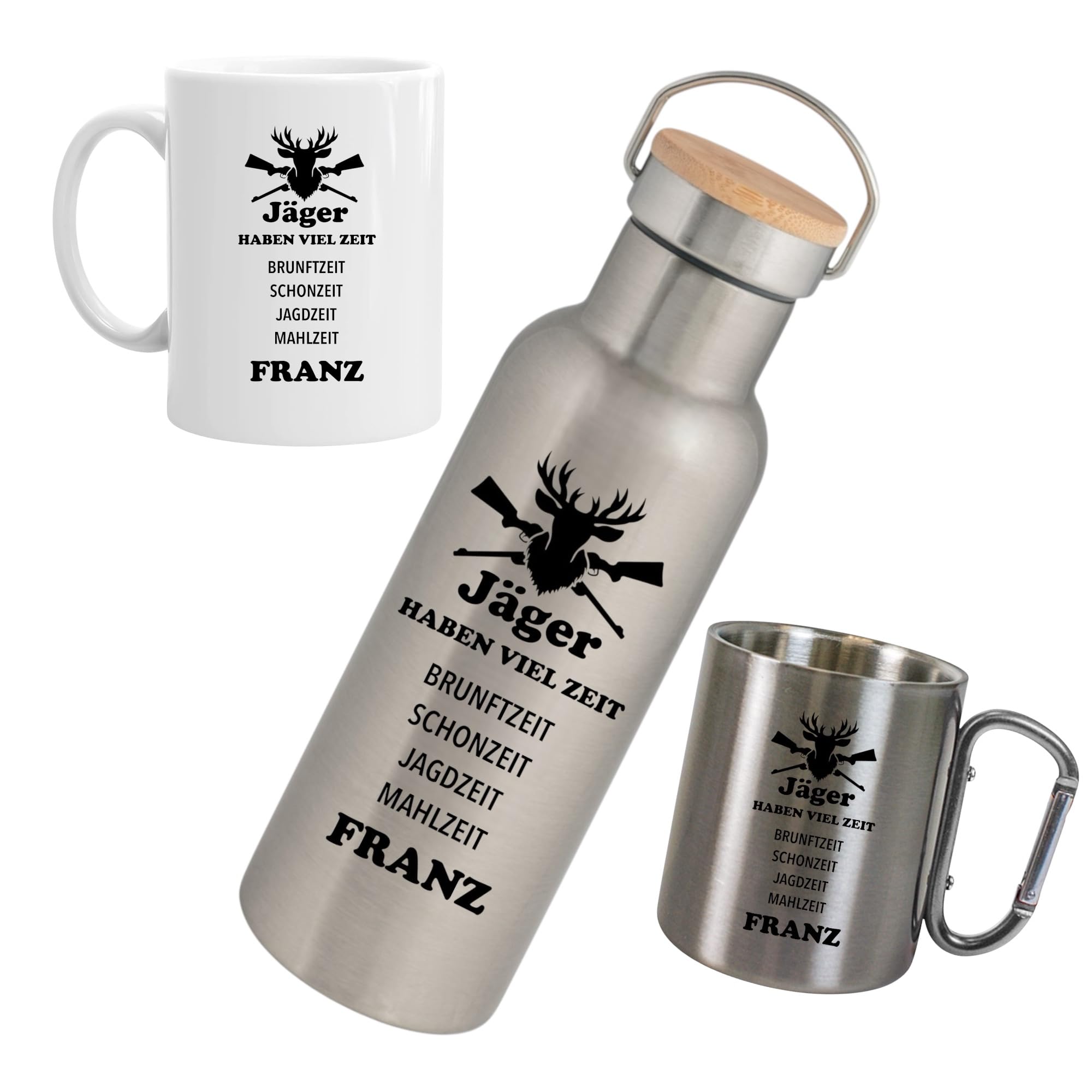 Personalisierte Jäger-Geschenkbox mit Thermosflasche 750 ml, Tasse 330 ml, Edelstahl, Franz (Komplettes Set)