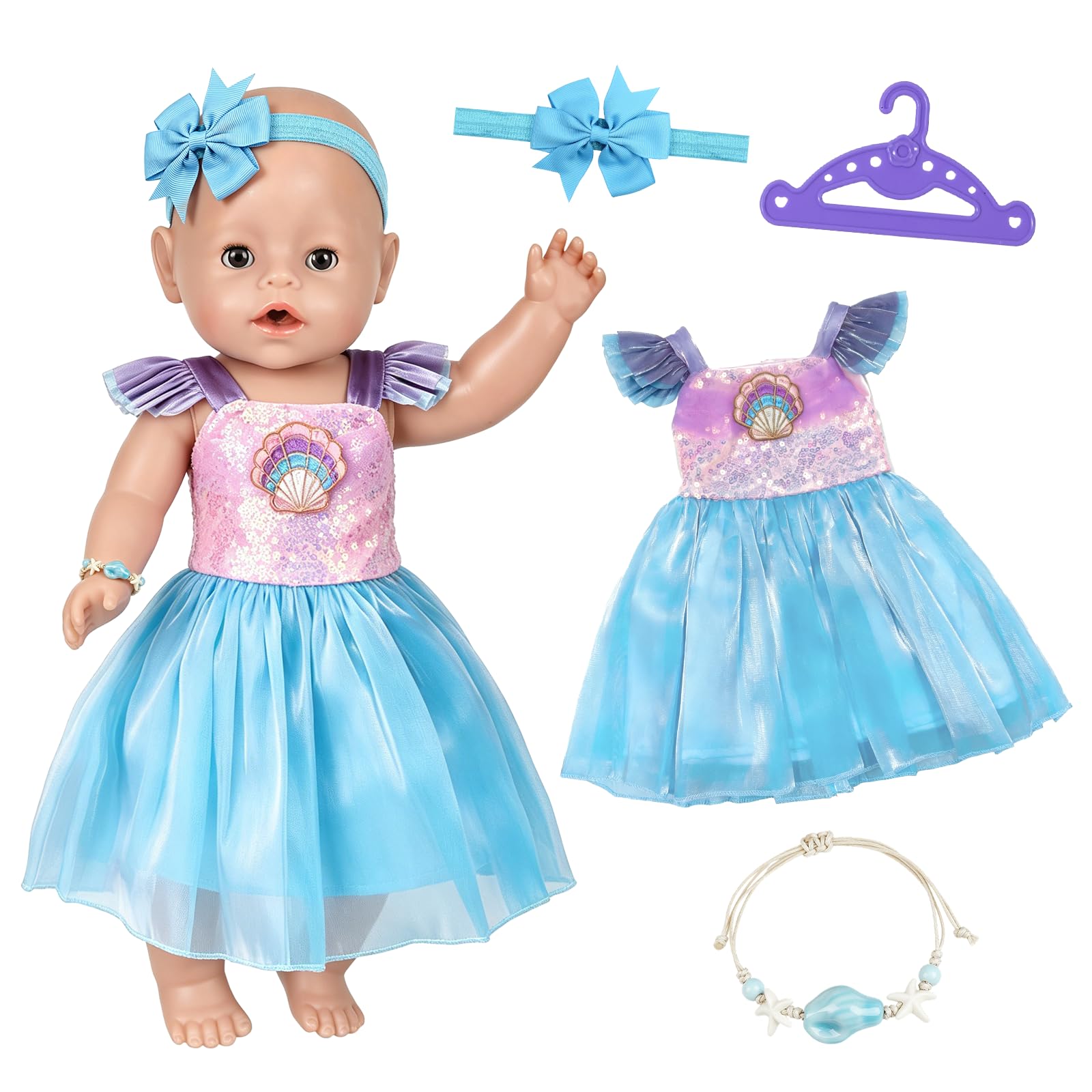 4 Pcs Baby Doll Clothes for 14-18 Inch Baby Dolls, Cute Ocean Shell Theme Baby Doll Accessories Blue Dress Headband Bracelet Clothes Hanger, Doll Clothes for 30-45cm Dolls Children Birthday Gifts