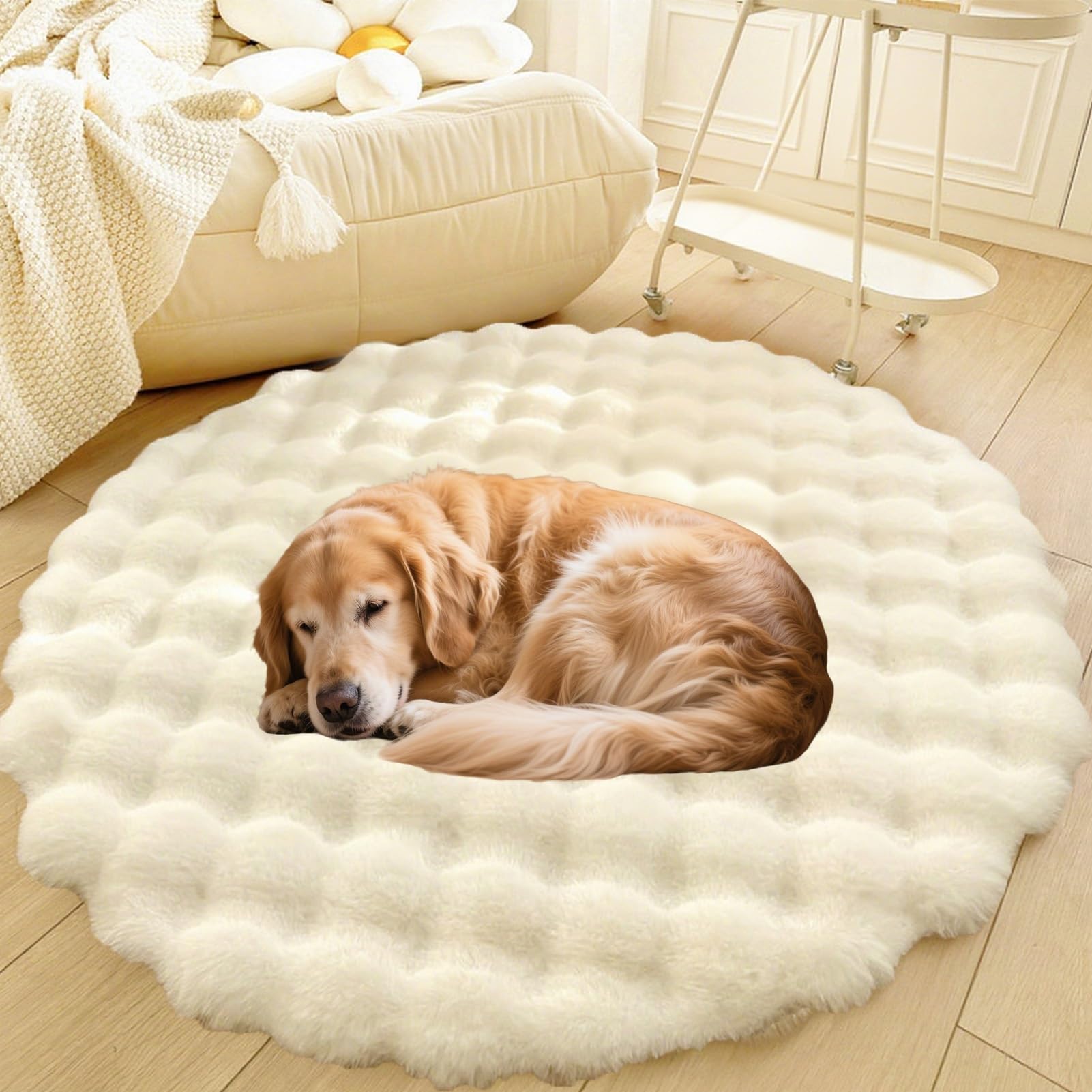 Divano per Cani E Gatti Con Fondo Antiscivolo, Tappeto Rotondo Lavabile, Moderno Letto A Pelo Lungo Da Posizionare Accanto Al Pavimento, Tappetino per Soggiorno(White,43in)
