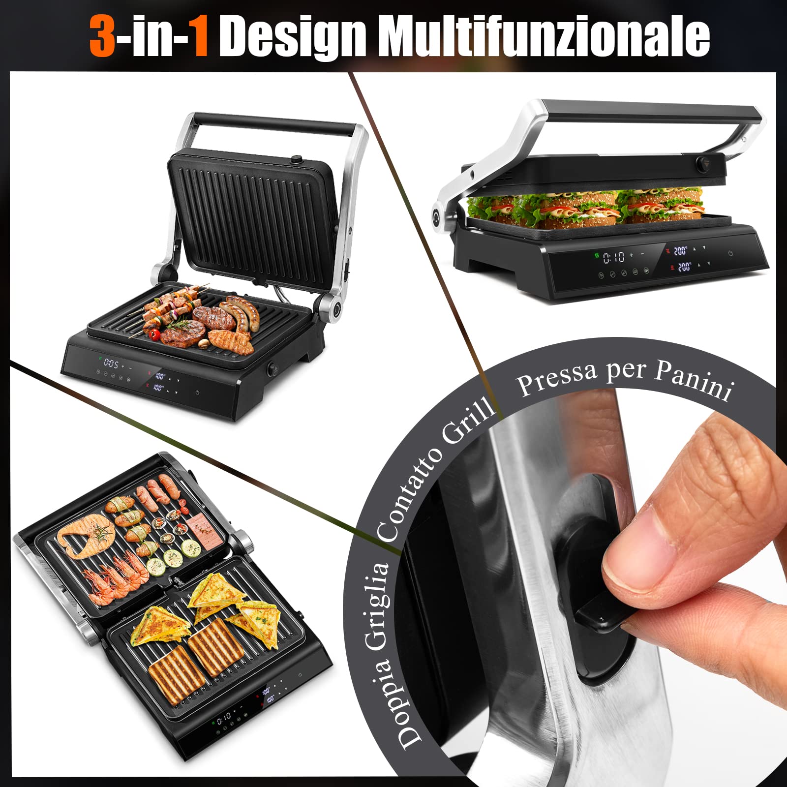 COSTWAY 3 in 1 Piastre per Panini 2000 W, Bistecchiera Elettrica con 5 Modalità Automatiche, Cottura Bifacciali, Timer 0-4H e Display a LED, Materiale Antiaderente, Ideale per Panini e Barbecue