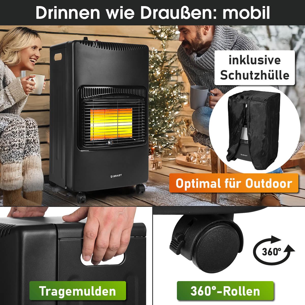 BRAST Gasheizer Keramik Vulkan 4200W | 3 Heizstufen | inkl. Schutzhülle Druckminderer mit Schlauch & Füllstandsanzeige | klappbar & mobil | für Gasflaschen bis 15kg | Gasheizung Heizstrahler Heizgerät